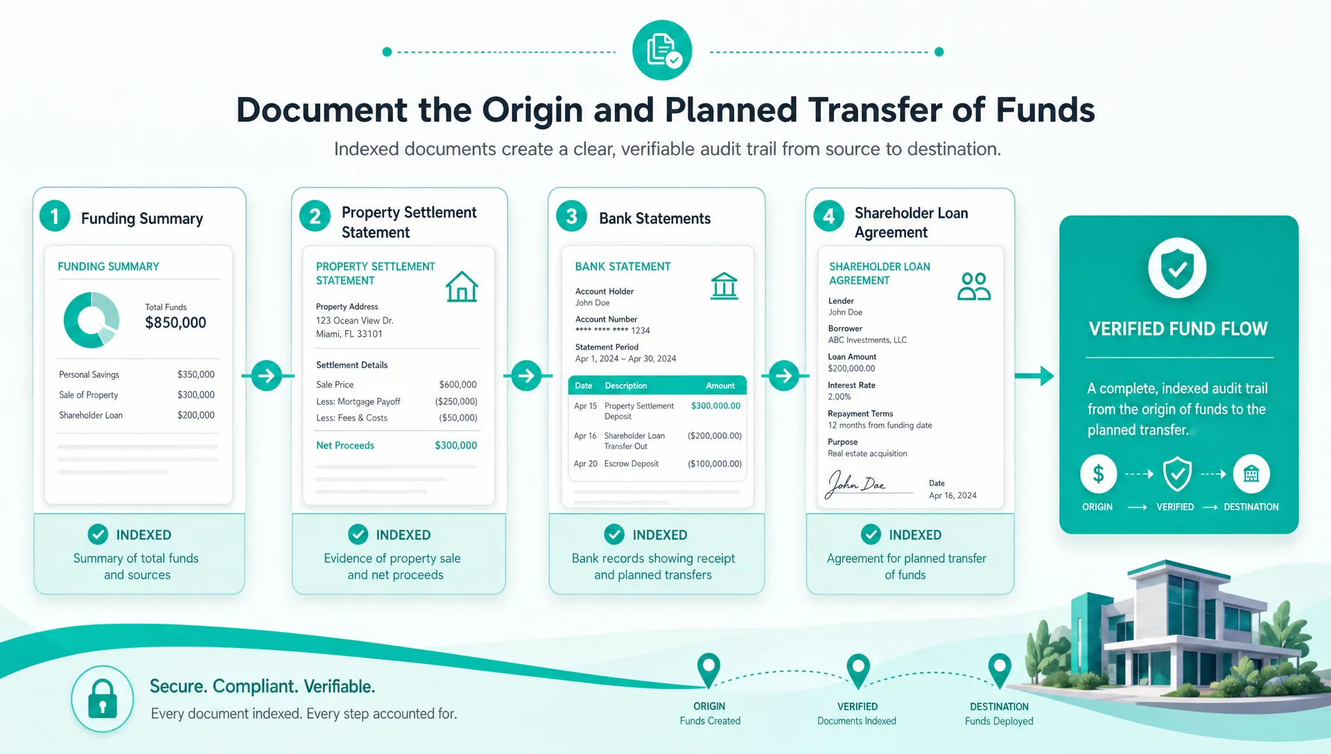 A funding summary, property settlement statement, bank statements, and shareholder loan agreement are indexed in order to document the origin and planned transfer of funds.