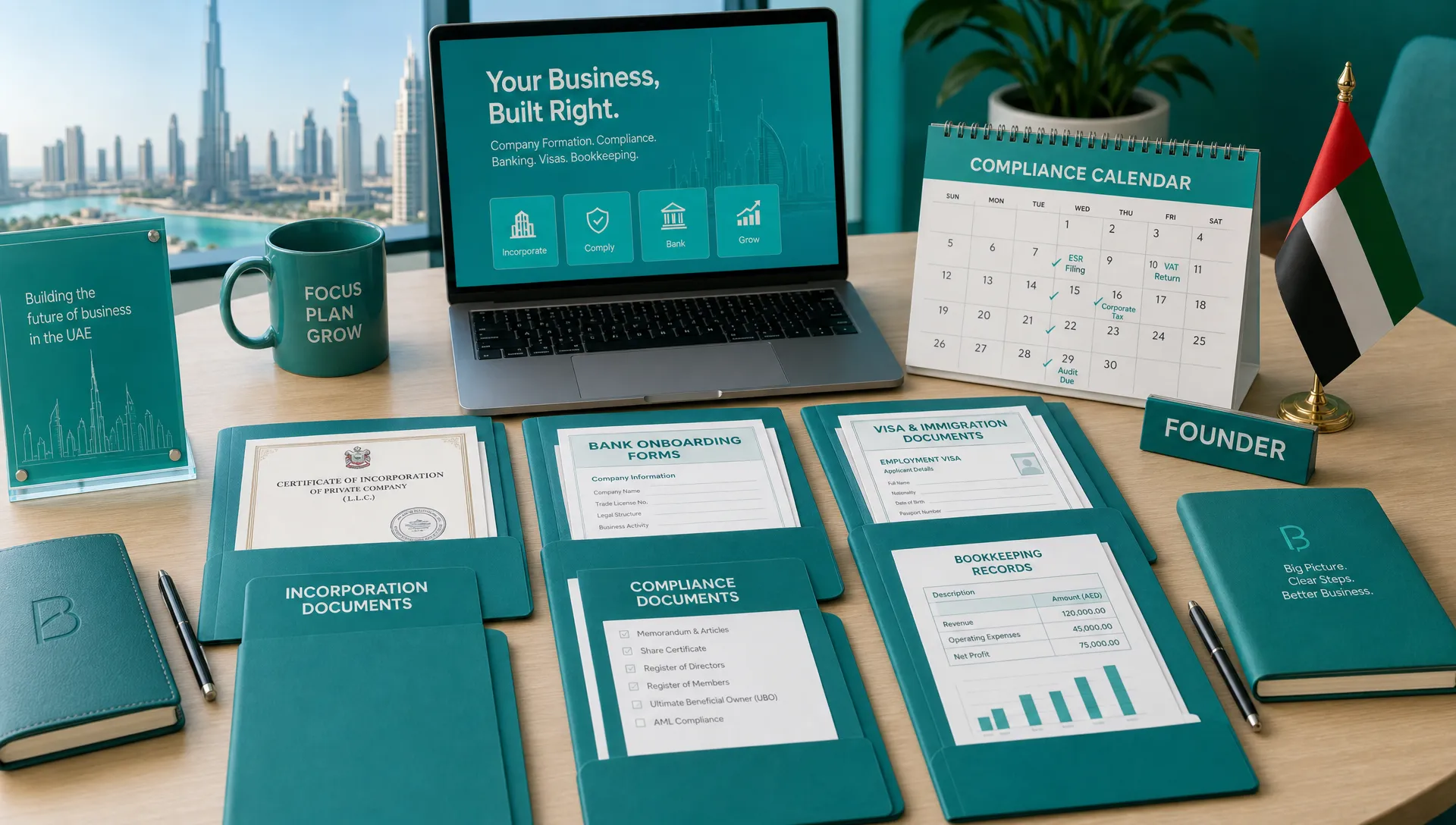 A UAE founder’s desk with organized incorporation documents, a compliance calendar, bank onboarding forms, visa paperwork, and bookkeeping records arranged in separate folders.