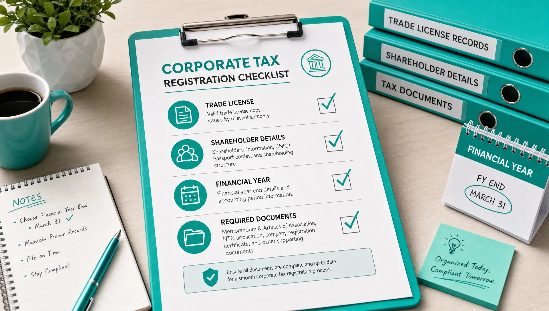 A Corporate Tax registration checklist on a desk with trade license records, shareholder details, financial year notes and document folders.