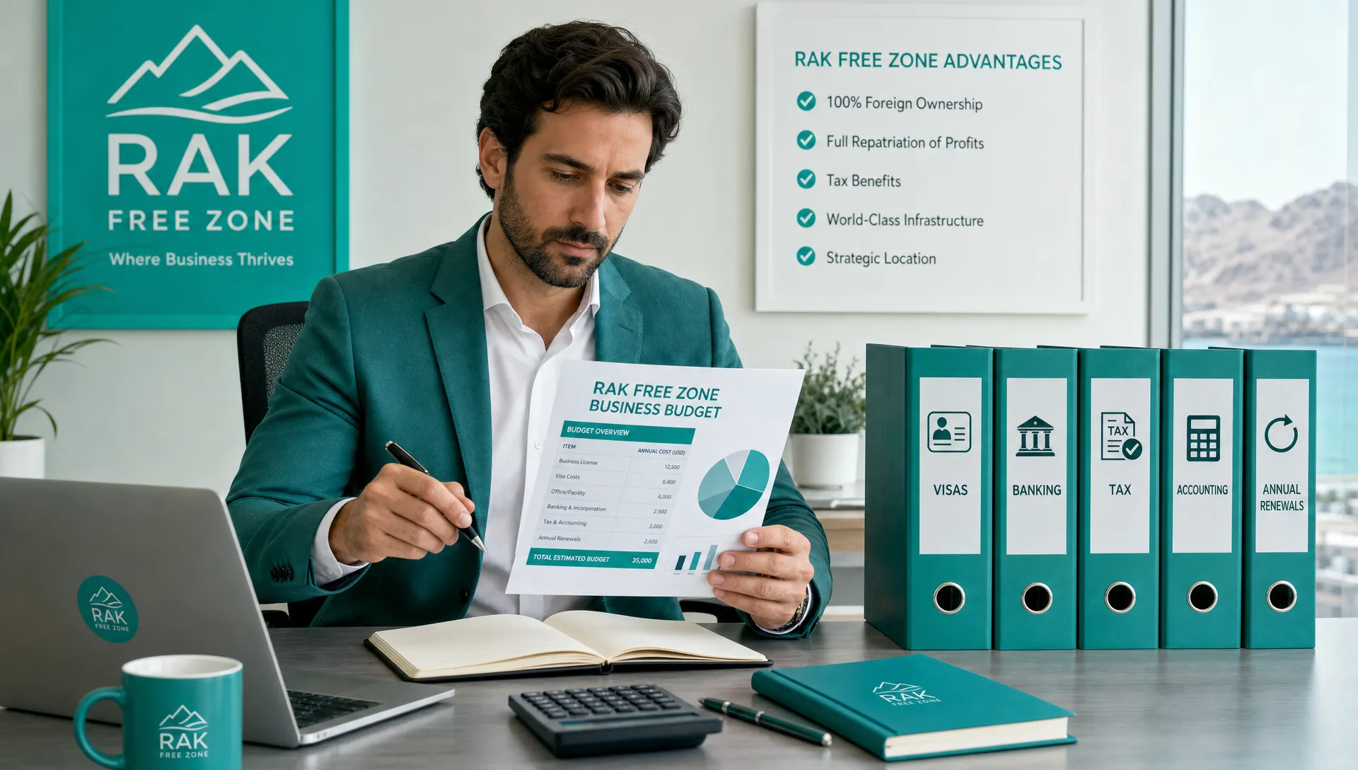A founder reviewing a RAK free zone business budget at a desk with organized folders for visas, banking, tax, accounting, and annual renewals.
