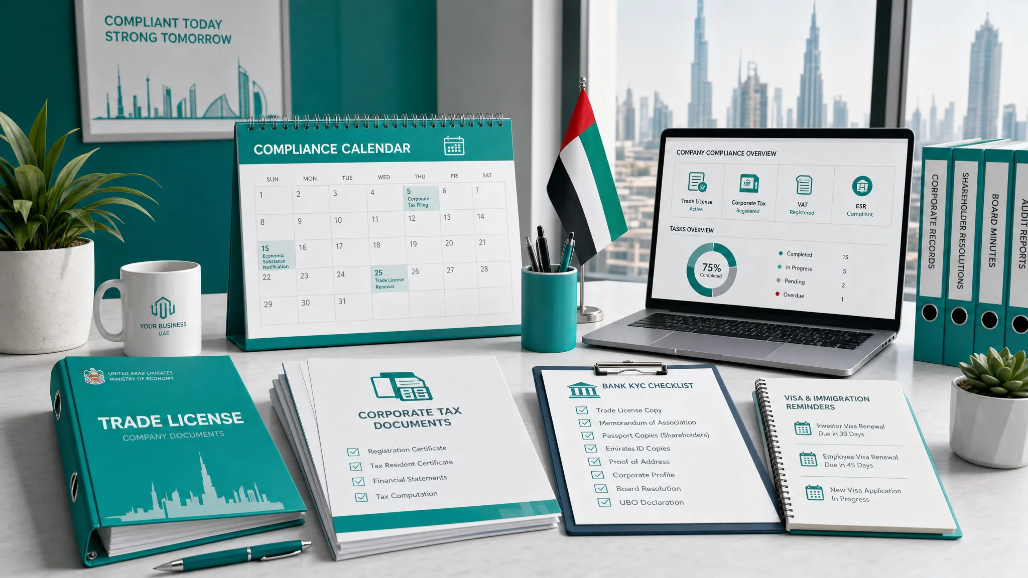 A UAE company operations desk with a compliance calendar, trade license folder, tax documents, bank KYC checklist, visa reminders, and neatly organized corporate records arranged for review.