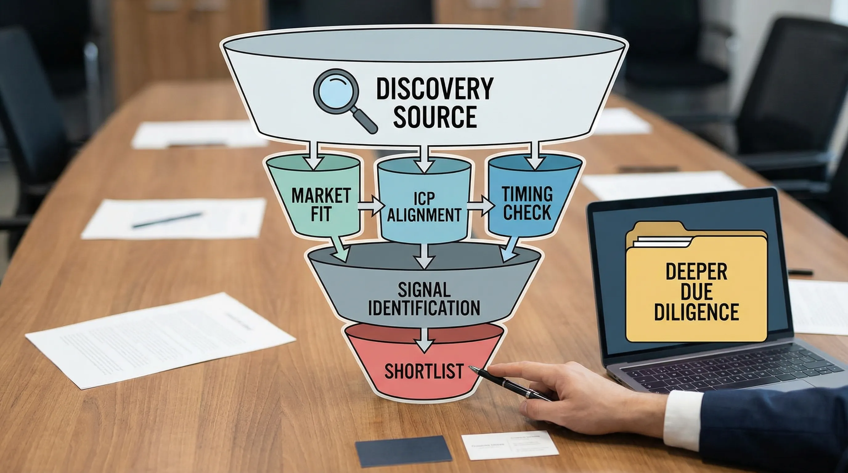 Illustration eines Investment-Thesis-Funnels: oben breite Discovery-Quelle, dann Filter nach Markt/ICP/Timing, dann Signale, dann shortlist für tiefere Due Diligence.