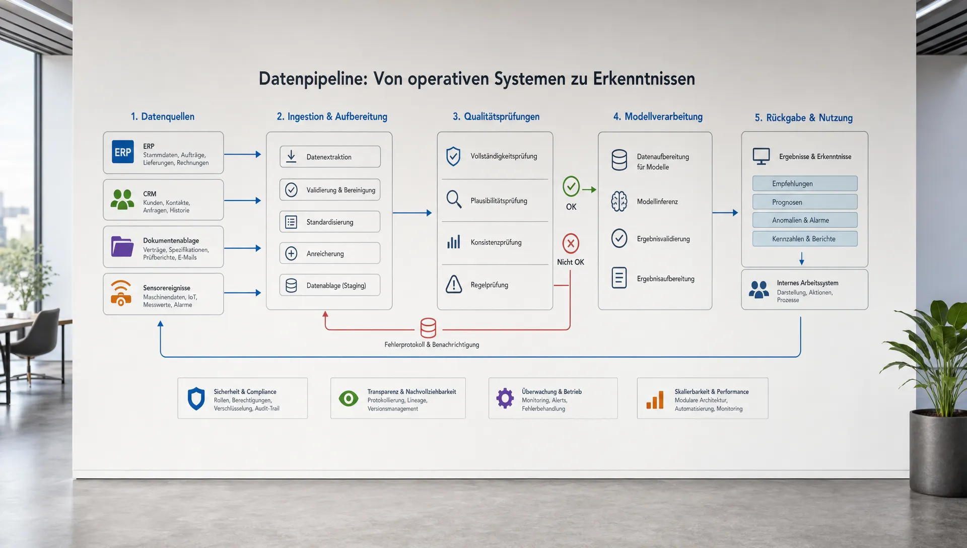 Eine technische Datenpipeline verbindet operative Systeme wie ERP, CRM, Dokumentenablage und Sensorereignisse mit Qualitätsprüfungen, Modellverarbeitung und Rückgabe der Ergebnisse in ein internes Arbeitssystem, dargestellt als klare Prozessübersicht auf einer Wandfläche.