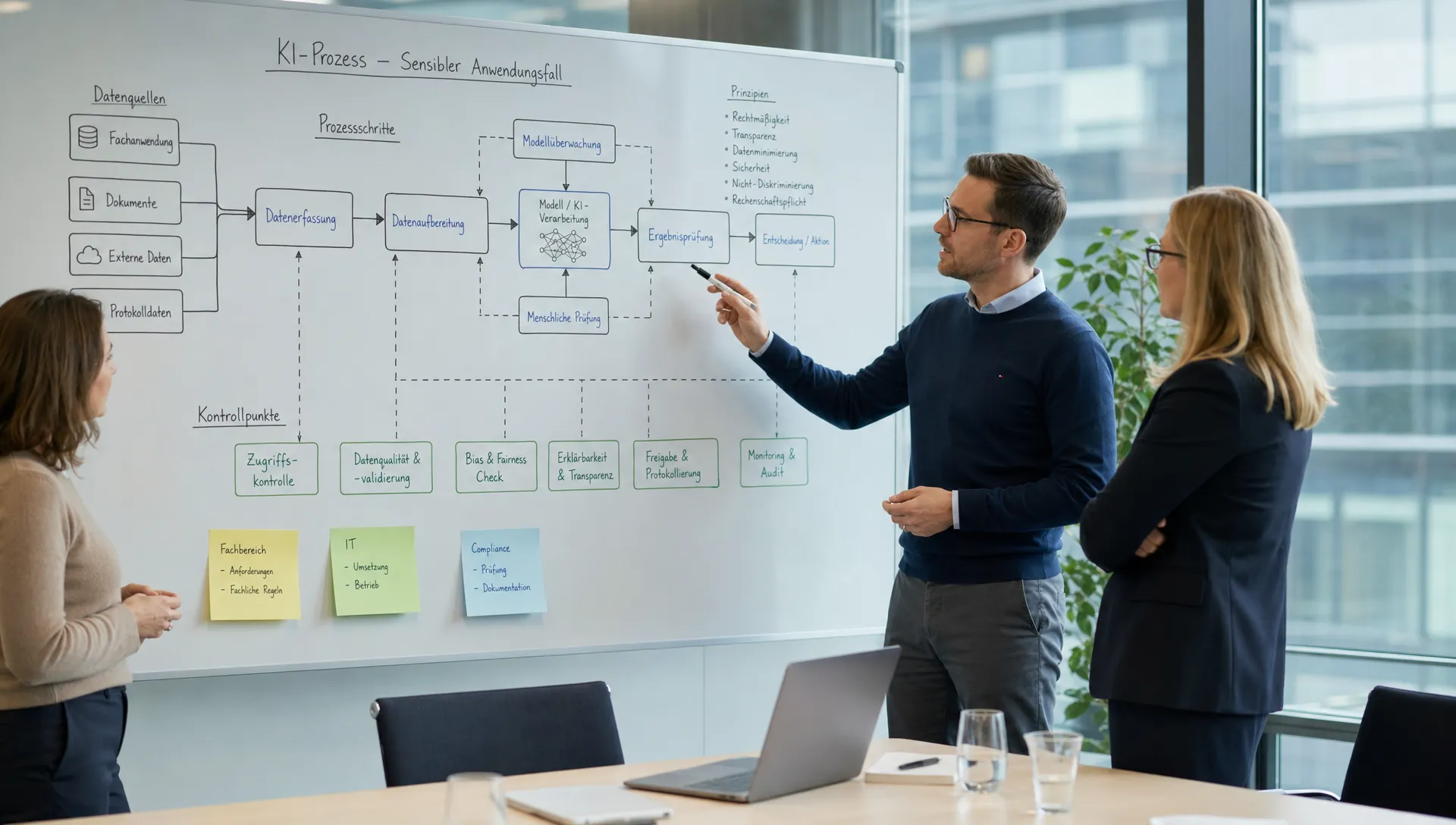 Ein Besprechungsraum in einem europäischen Unternehmen, in dem Fachbereich, IT und Compliance gemeinsam einen sensiblen KI-Prozess auf einem Whiteboard prüfen. Zu sehen sind Prozessschritte, Datenquellen und Kontrollpunkte, keine lesbaren personenbezogenen Daten.