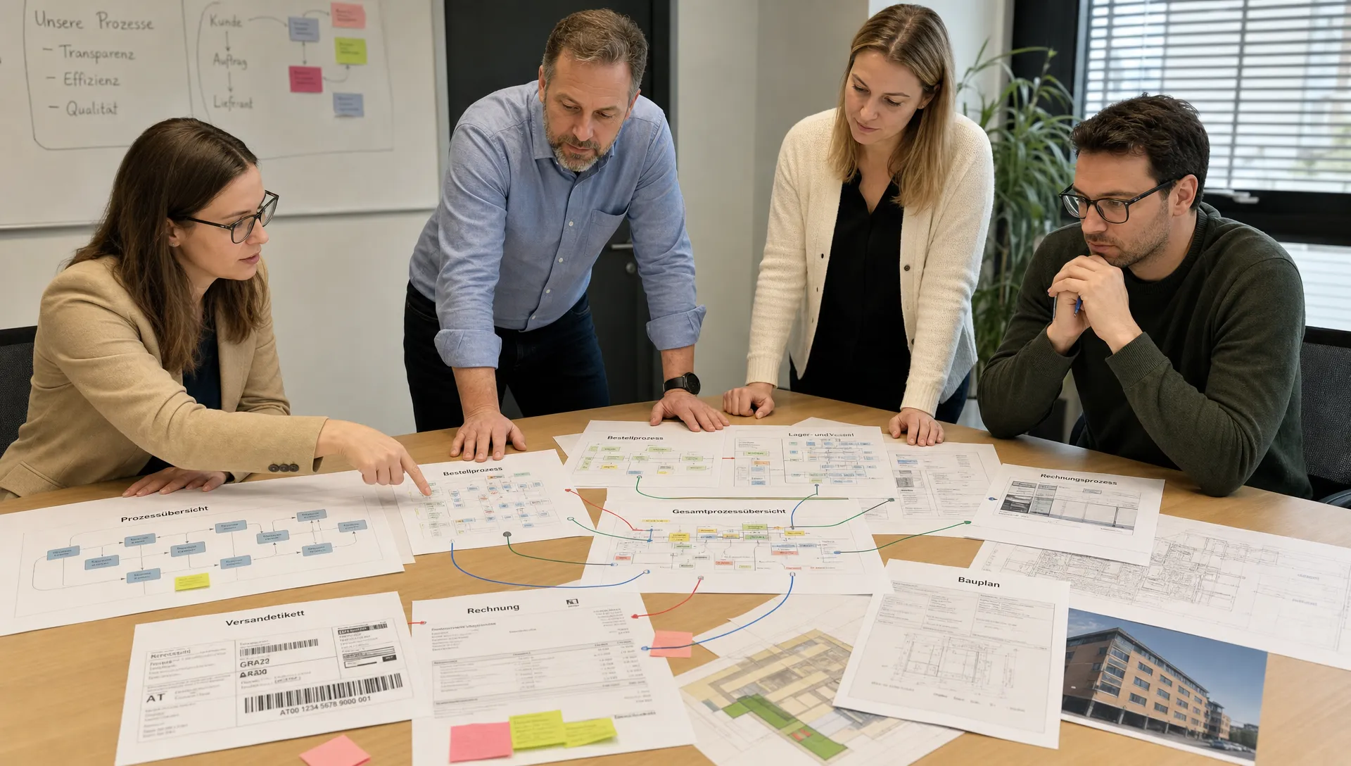 Ein Team in einem Besprechungsraum prüft ausgedruckte Prozesspläne, Versandetiketten, Rechnungen und Bauunterlagen auf einem großen Tisch. Die Unterlagen zeigen verschiedene Geschäftsprozesse, die durch Markierungen miteinander verbunden sind.