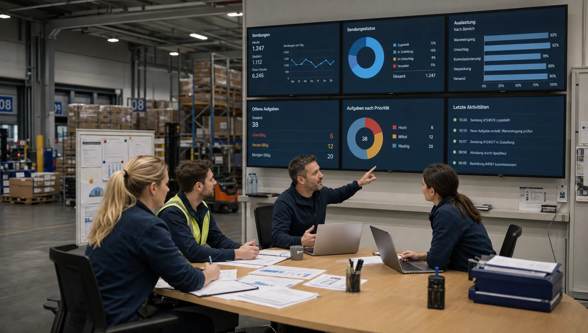 Ein Team in einer Logistikhalle bespricht Prozessdaten an einem großen Tisch, während Monitore Sendungen, Auslastung und offene Aufgaben zeigen.