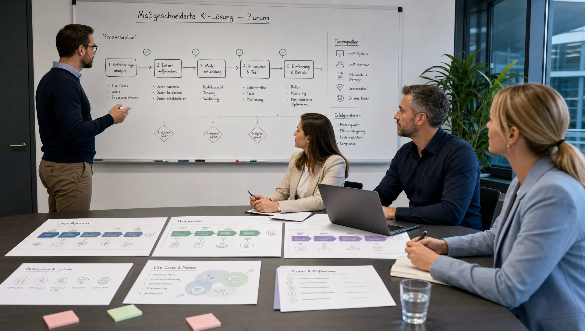 Ein operatives Team in einem modernen Besprechungsraum plant eine maßgeschneiderte KI-Lösung an einem Whiteboard mit Prozessschritten, Datenquellen und Freigabepunkten. Auf dem Tisch liegen Unterlagen und Prozesskarten aus Logistik, Bau und Finanzdienstleistung als Bezug zu den verschiedenen Abläufen.
