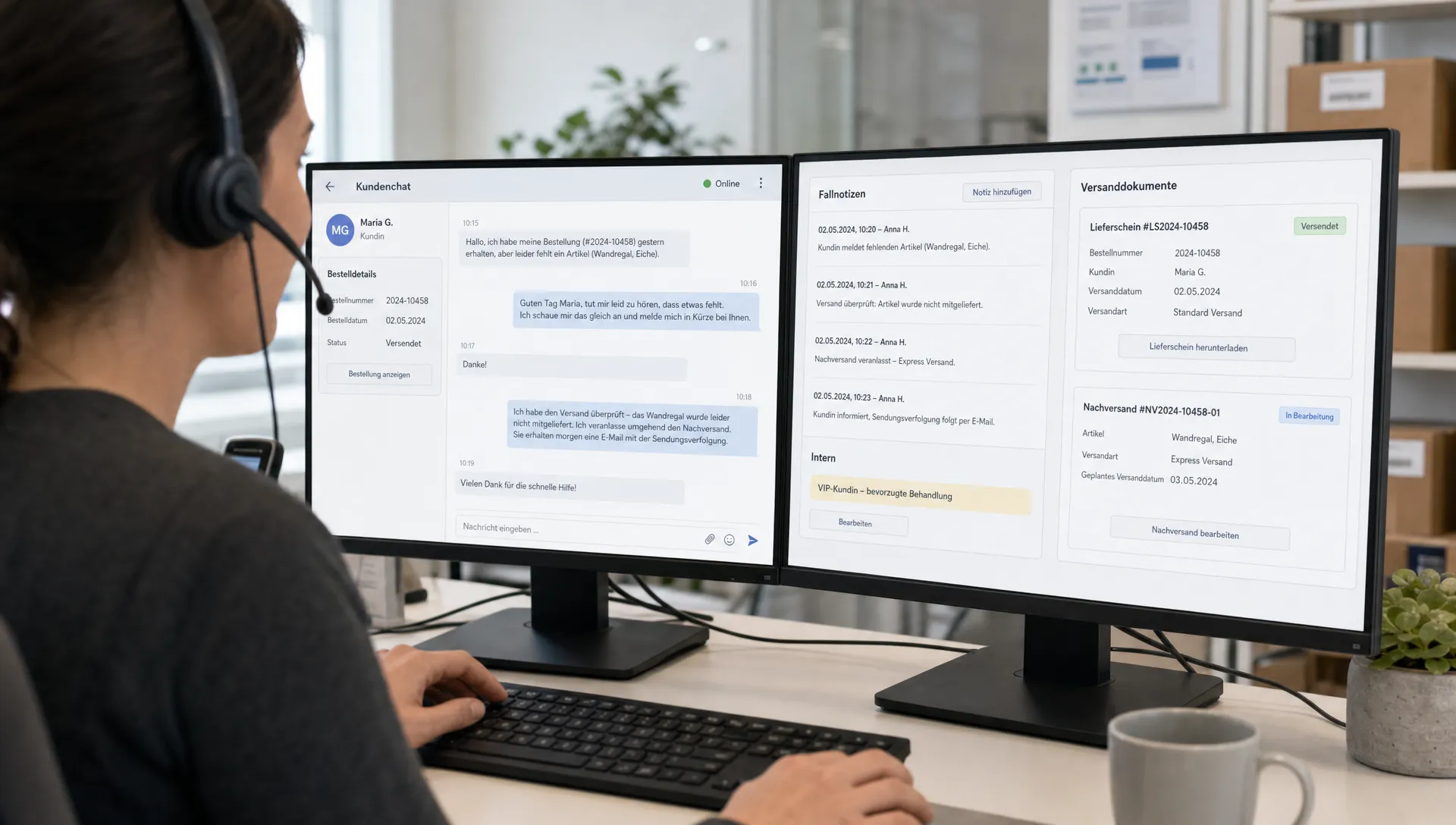 Ein Kundendienst-Arbeitsplatz mit geöffneter Chat-Konversation, Fallnotizen und Versanddokumenten im Hintergrund.