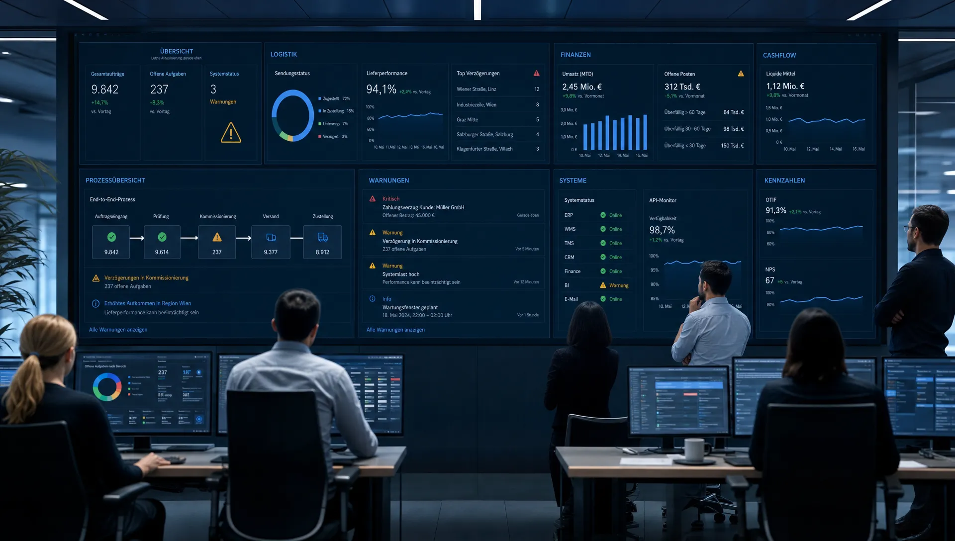 Ein modernes Operations-Team beobachtet integrierte Live-Daten aus Logistik, Finanzprozessen und internen Systemen an einer großen Dashboard-Wand, während Warnungen und Prozessflüsse klar dargestellt sind.
