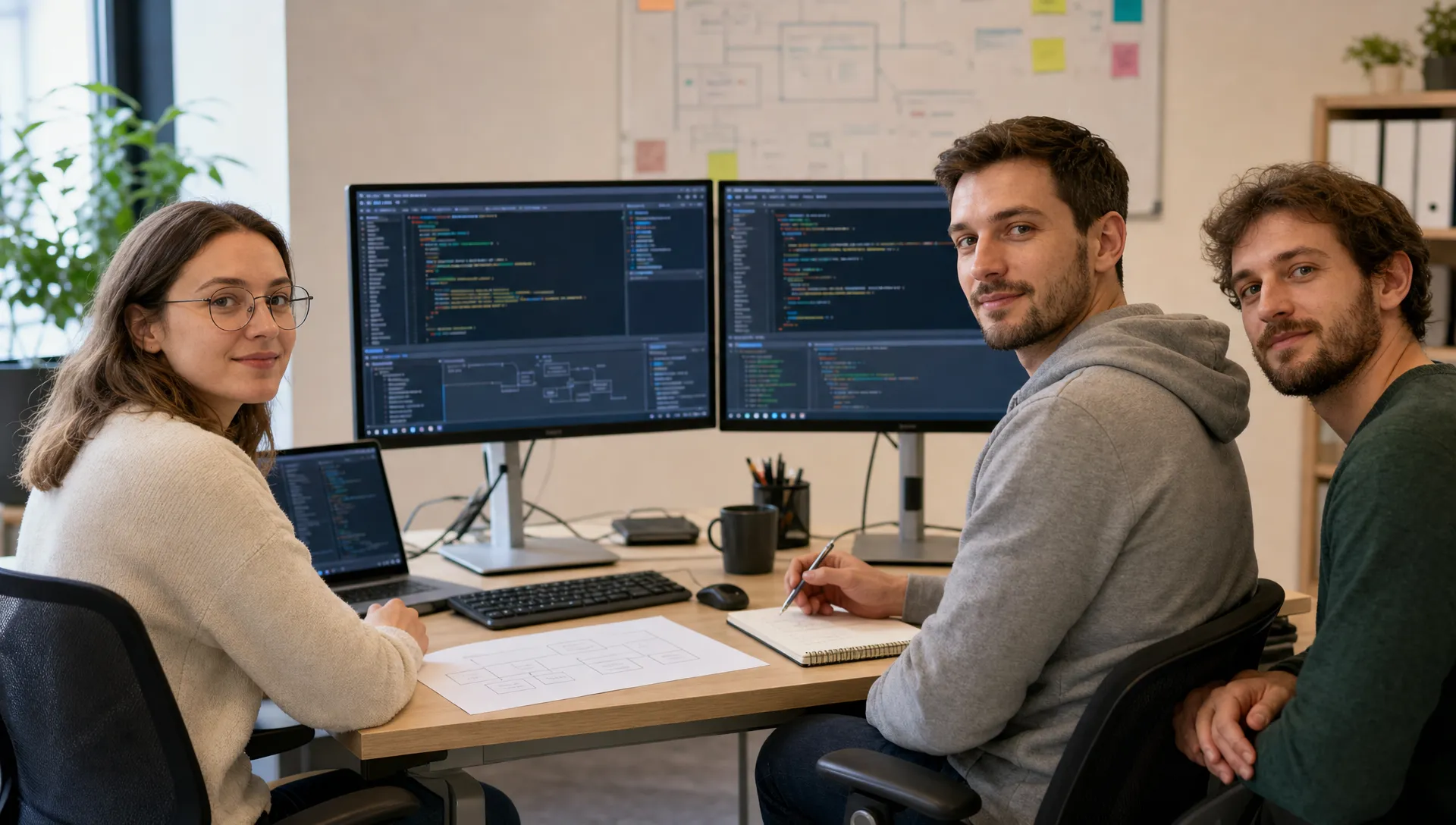 Ein kleines Entwicklungsteam prüft Quellcode, Testfälle und Schnittstellen an zwei Monitoren, die zur Kamera ausgerichtet sind, mit abstrakten Codefenstern ohne lesbaren Text.