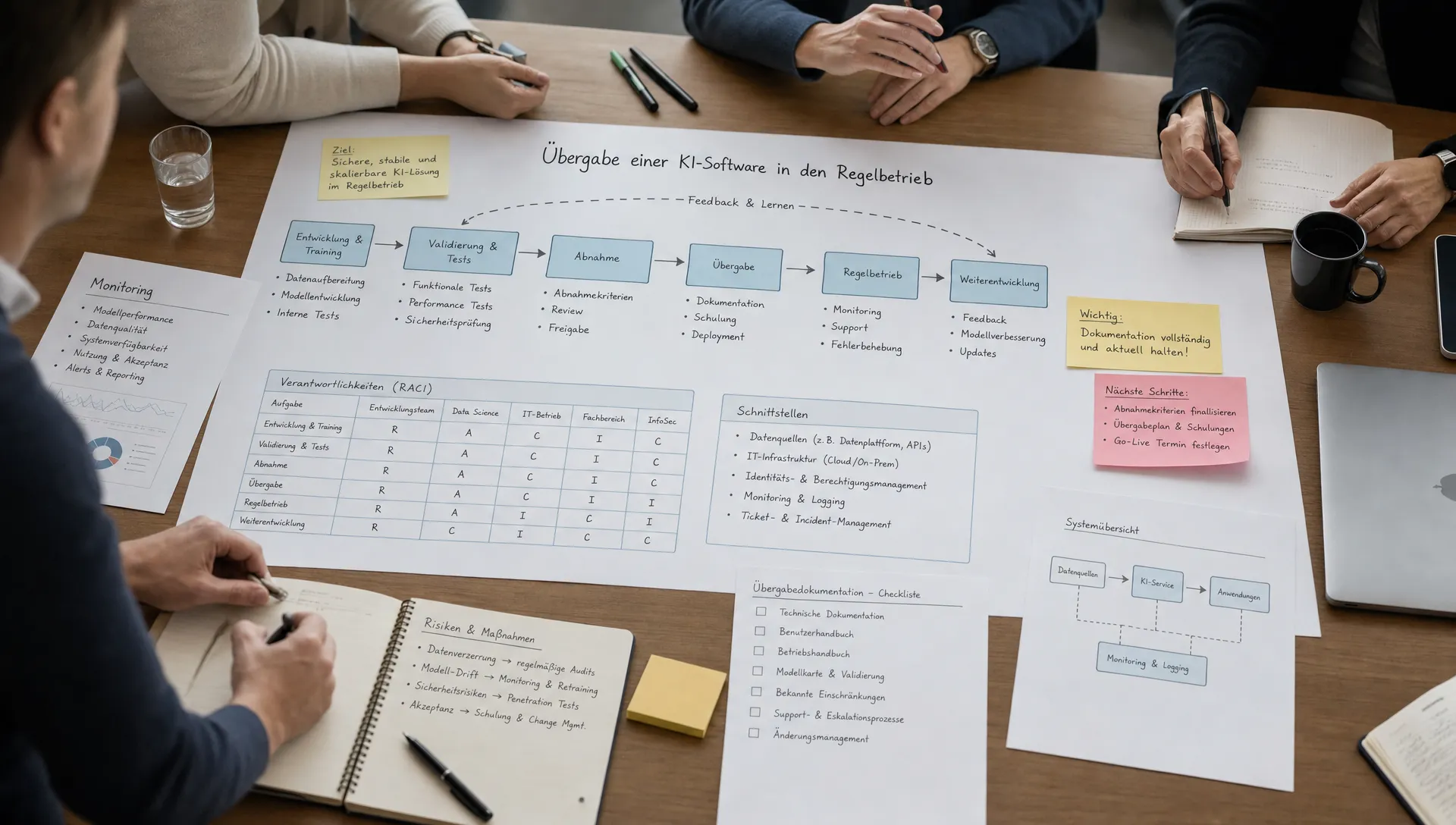 Ein Besprechungstisch mit Prozessdiagrammen, Verantwortlichkeiten und Notizen zu Monitoring, Schnittstellen und Übergabe einer KI-Software.