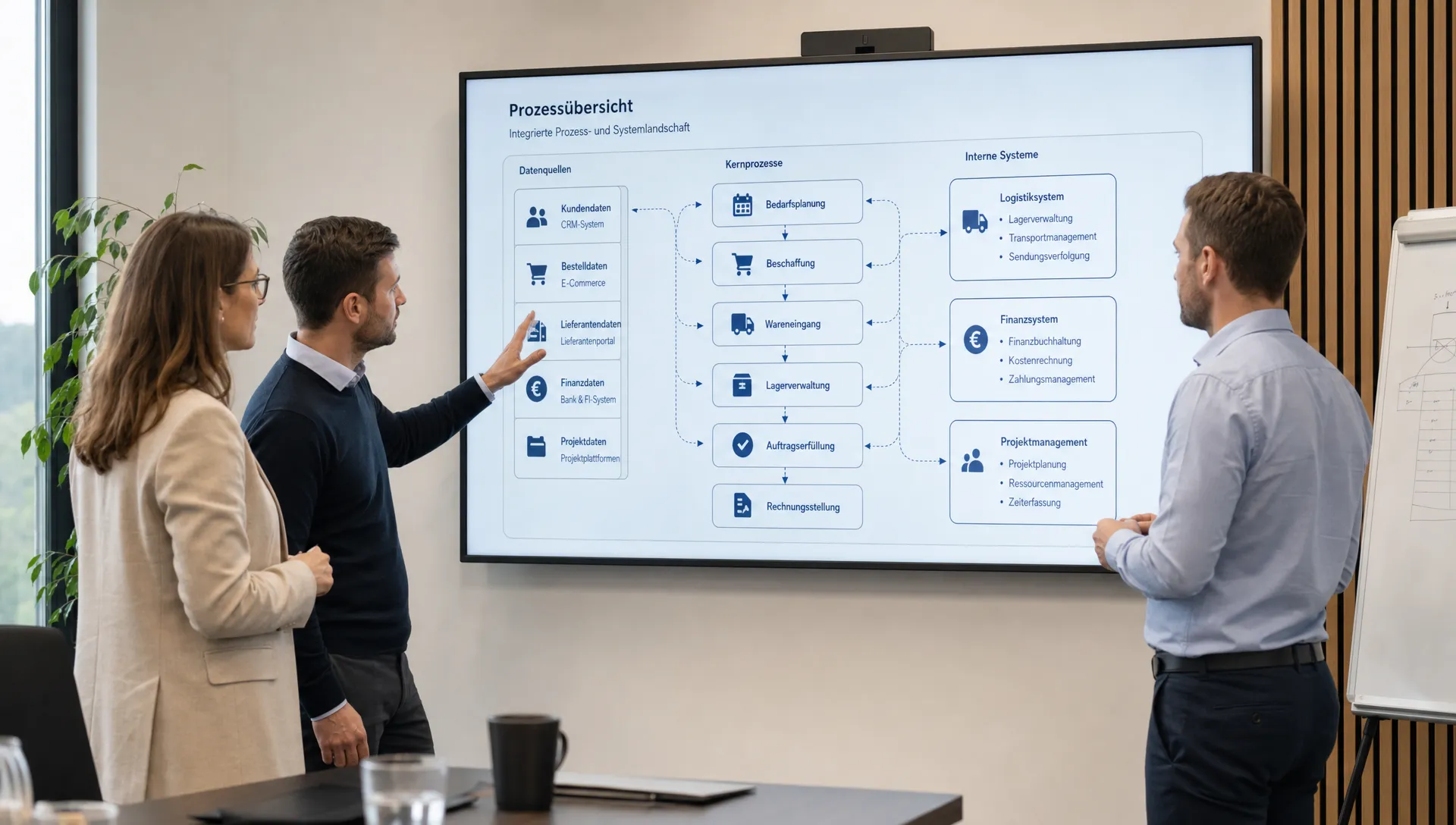 Ein Team aus drei Fachpersonen steht vor einer großen Wandanzeige mit Prozessübersicht, verbundenen Datenquellen und internen Systemen für Logistik, Finanzen und Projektmanagement.