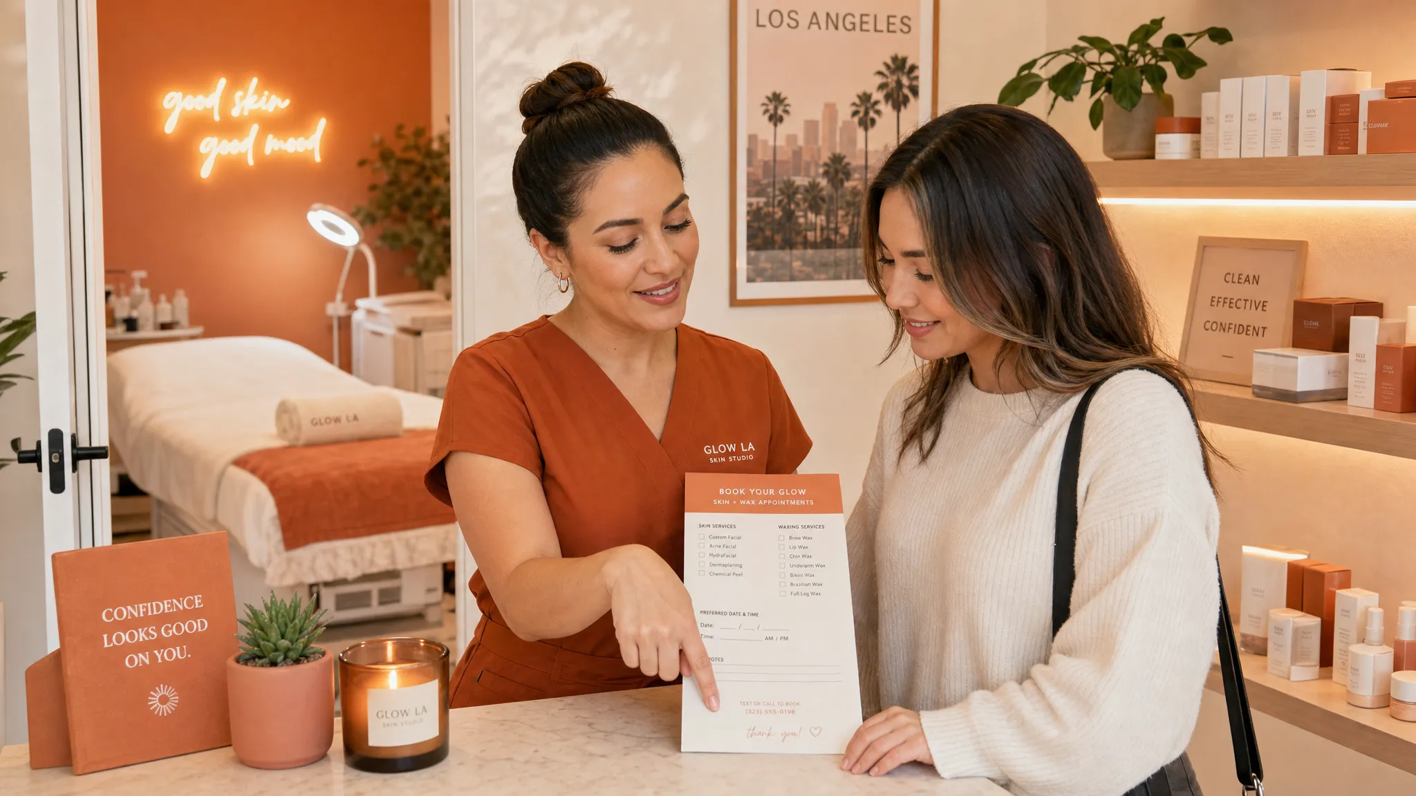 A warm Los Angeles skincare or waxing studio scene with an adult esthetician and a client near the treatment room entrance, the esthetician pointing out a paper booking sheet or appointment card on a counter while a facial bed, folded towels, and product shelves sit in the background. The moment feels candid and welcoming, like a business that makes it easy to understand services and book an appointment.