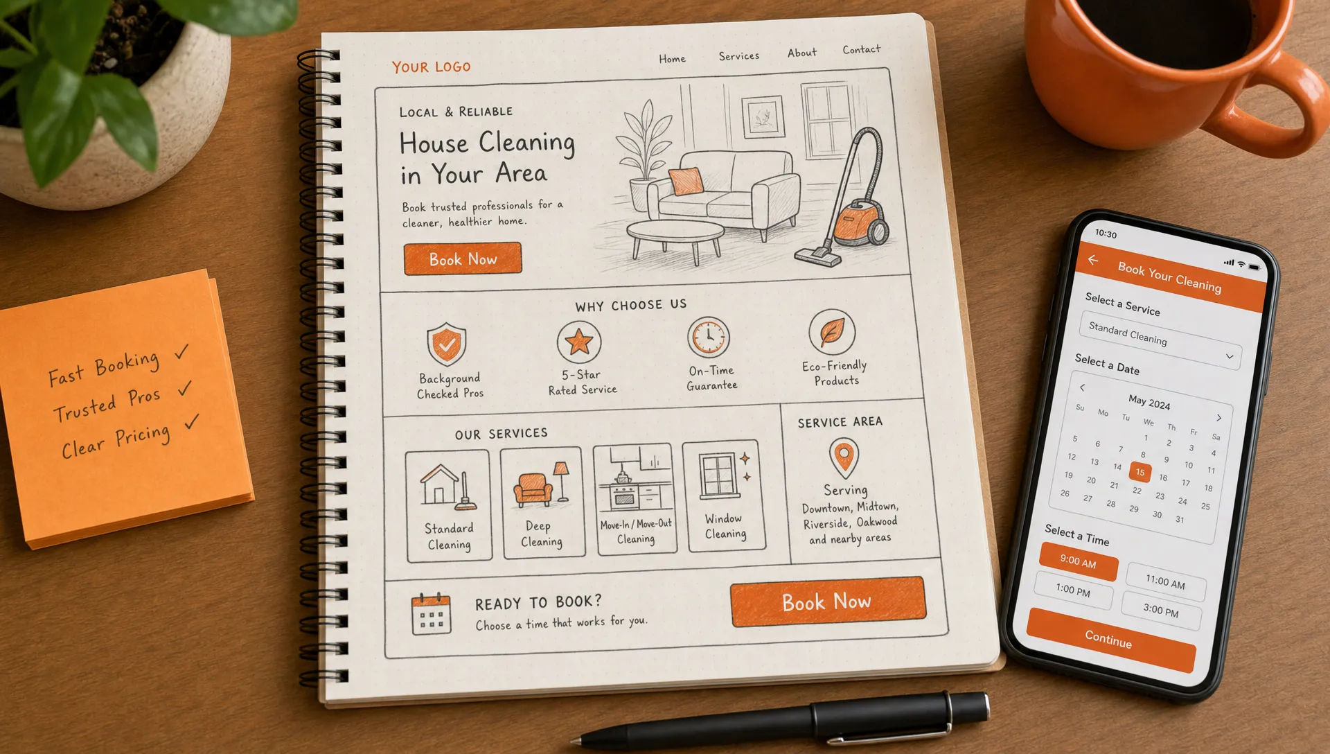 A notebook on a desk showing a simple website layout sketch for a local booking page, with sections for the main service, trust details, service options, location, and a clear booking button, viewed from above with a phone and pen nearby.