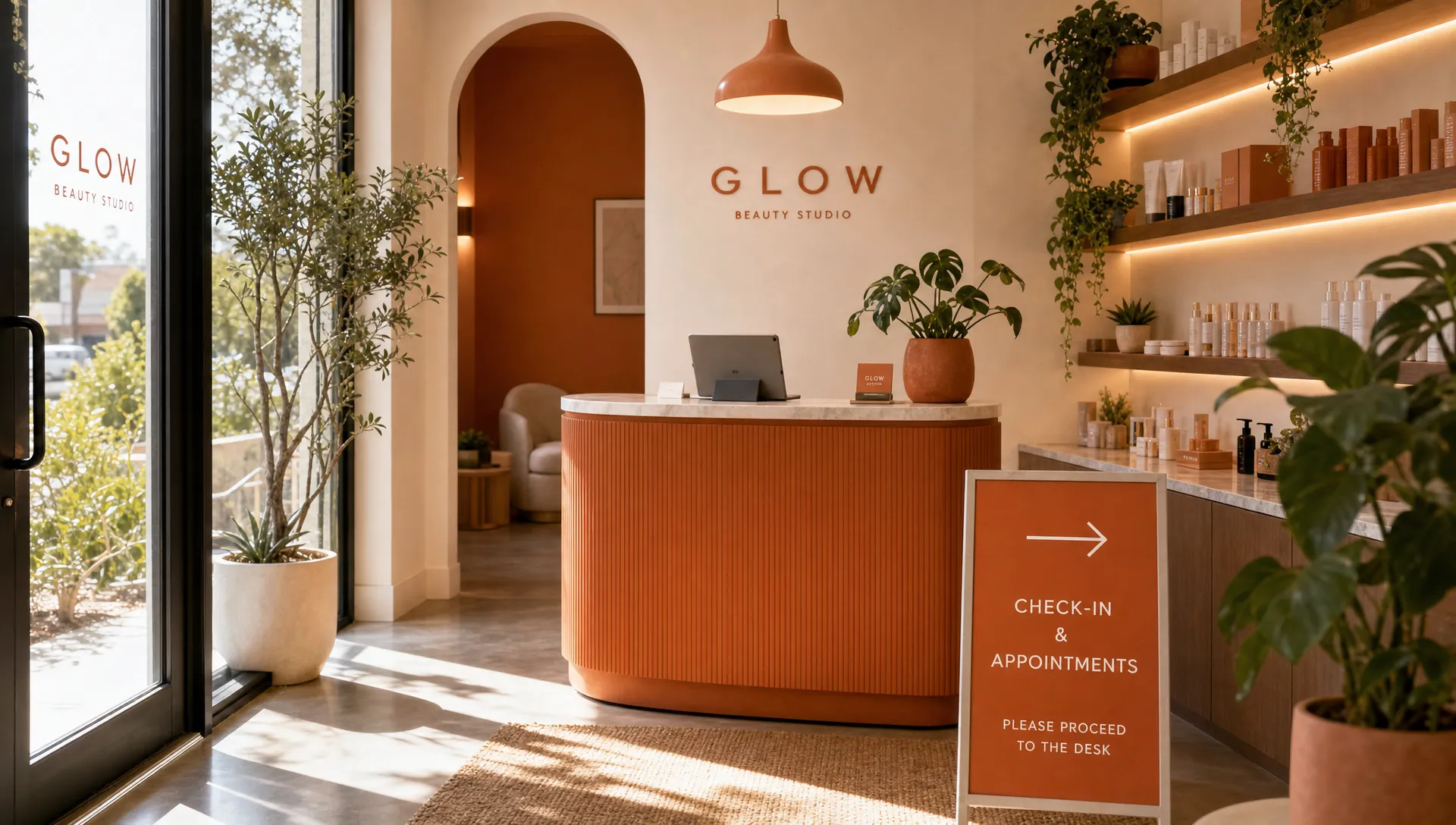 A warm Los Angeles beauty studio entry area with soft natural light, a small reception desk, plants, product shelves, and a clear sign pointing clients toward check-in and appointments.