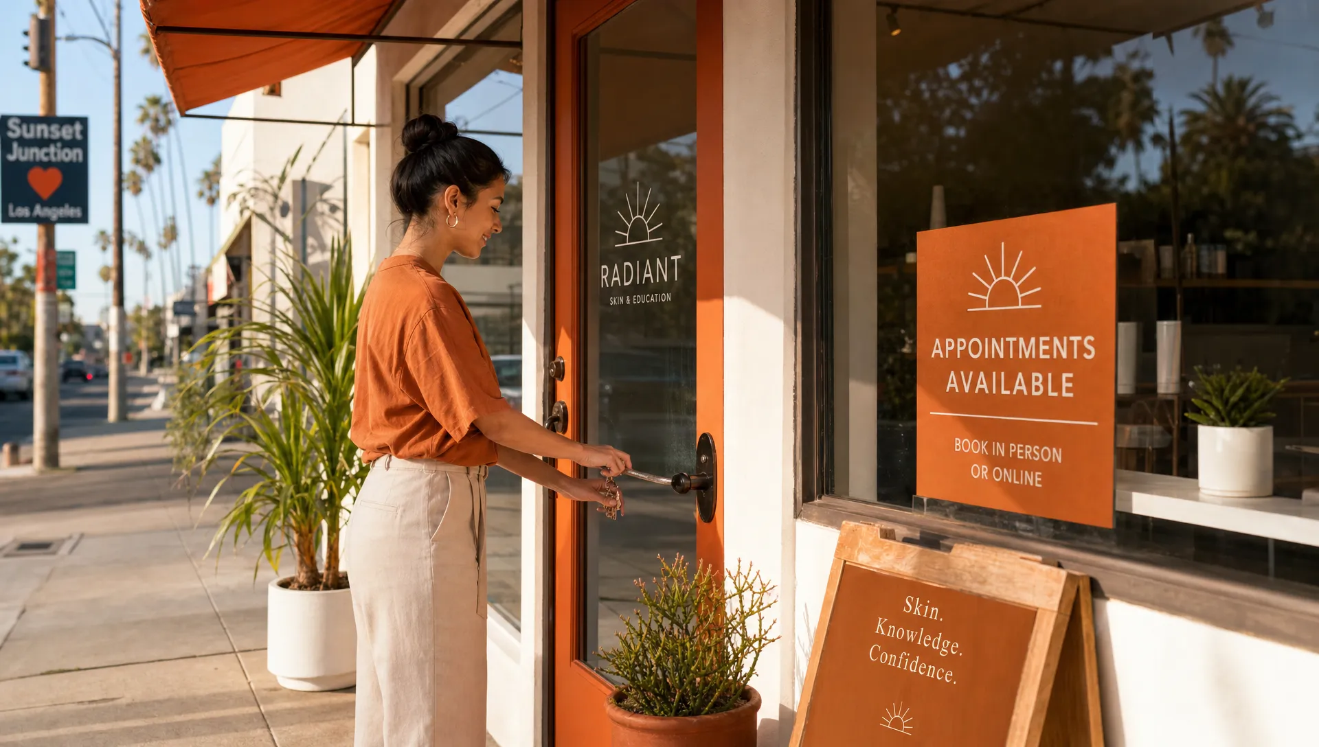 A warm Los Angeles storefront service-business exterior with an adult owner unlocking the front door in soft morning light, visible neighborhood street details, a small window sign for appointments, and a subtle welcoming entryway that feels close to salons, skincare studios, or training spaces. The composition should feel candid, local, and practical, with one clear focal subject and an inviting path for clients arriving to book in person.