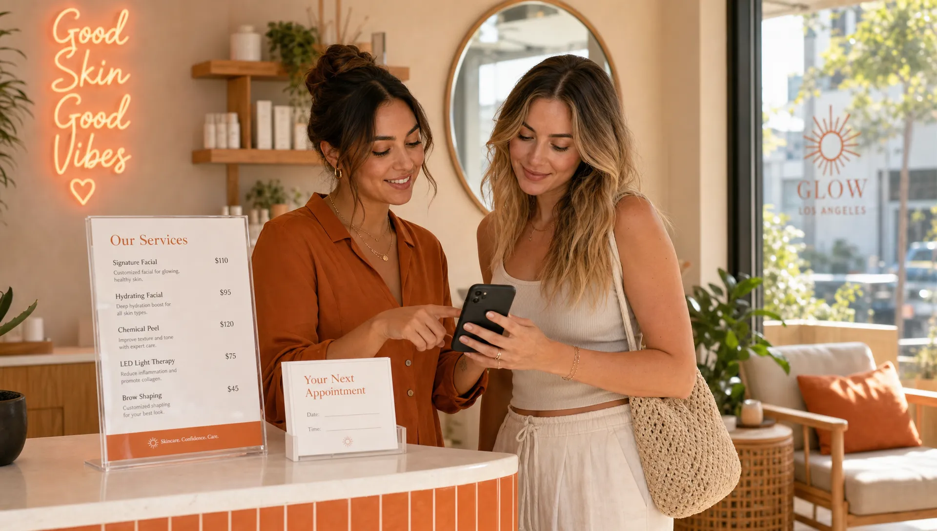 A warm Los Angeles salon or skincare studio reception scene with an adult owner and a client standing near the front counter, looking at a phone used for booking while a service menu and appointment cards sit nearby, with natural light, a mirror, and soft wood details in the background. The moment feels candid and local, with an easy next step from question to appointment.