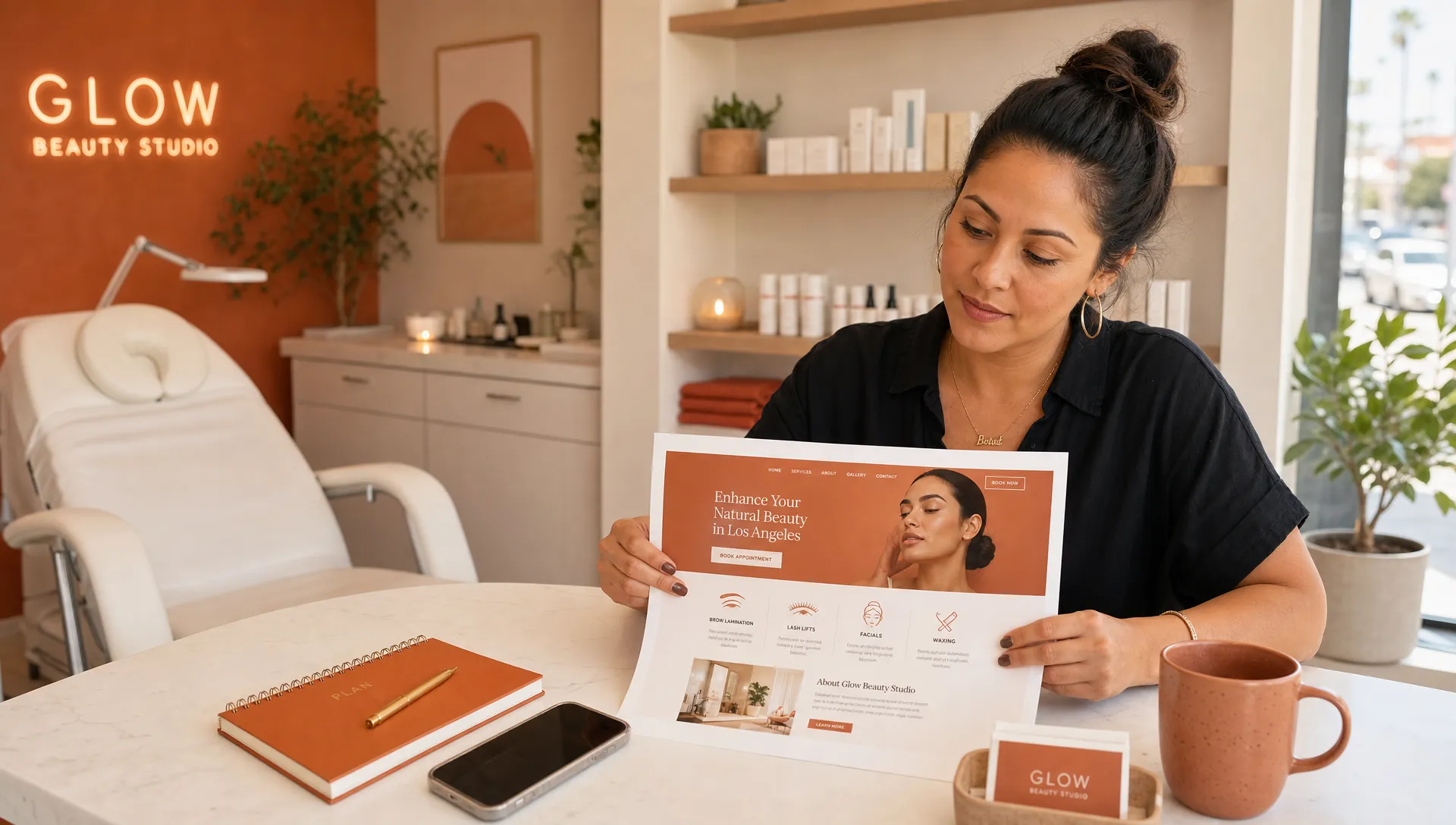 A warm Los Angeles beauty studio interior with an adult owner at a clean front counter reviewing a printed website homepage layout beside a phone and a small notebook, while soft daylight enters from a side window. The background includes a treatment chair, folded towels, and tidy product shelves, making the scene feel candid, local, and practical, with the main focus on deciding what the site should show first for bookings.