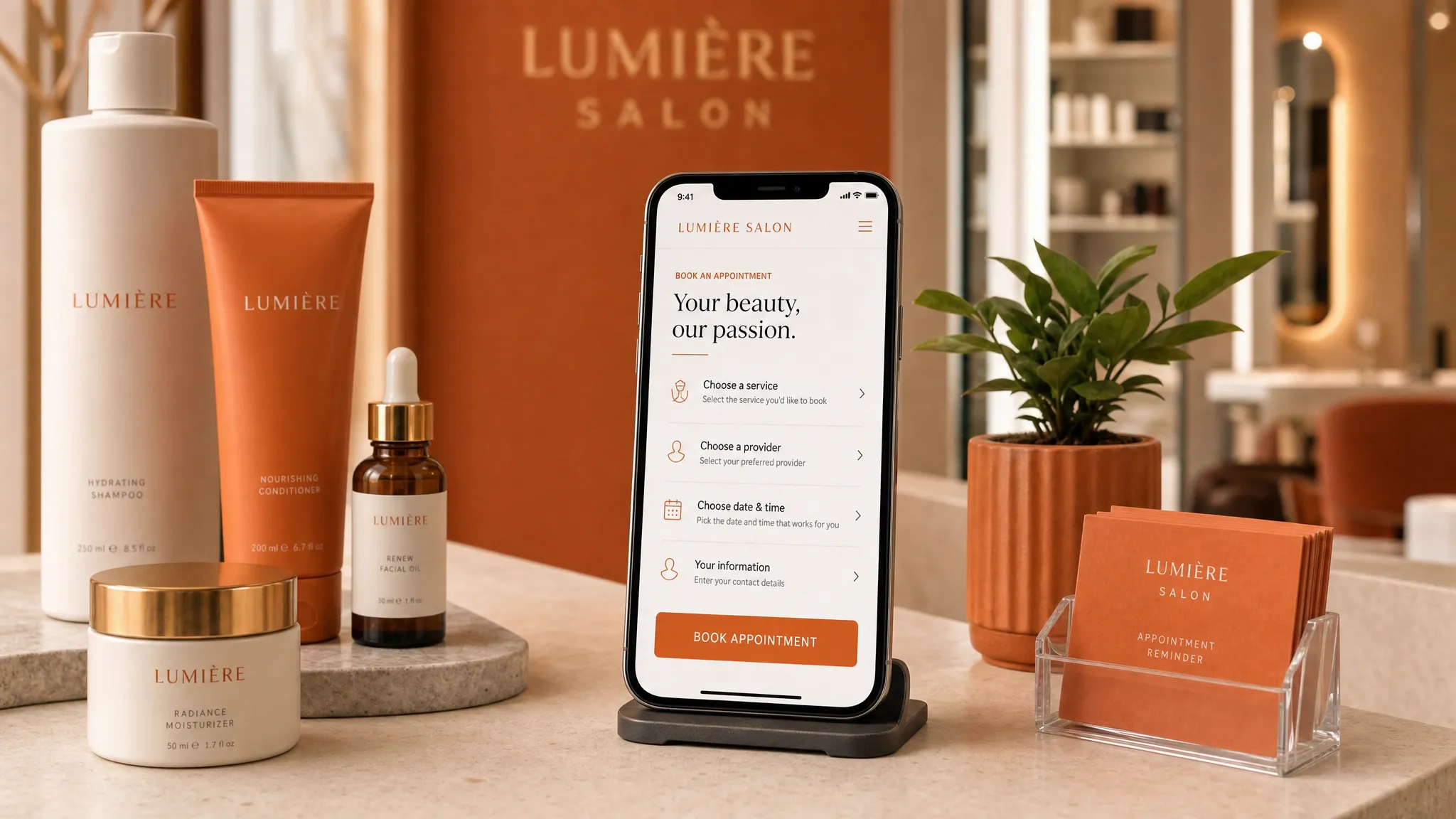 A phone on a salon reception counter showing a simple service booking page with a large appointment button. Skincare products, a small plant, and appointment cards sit nearby.