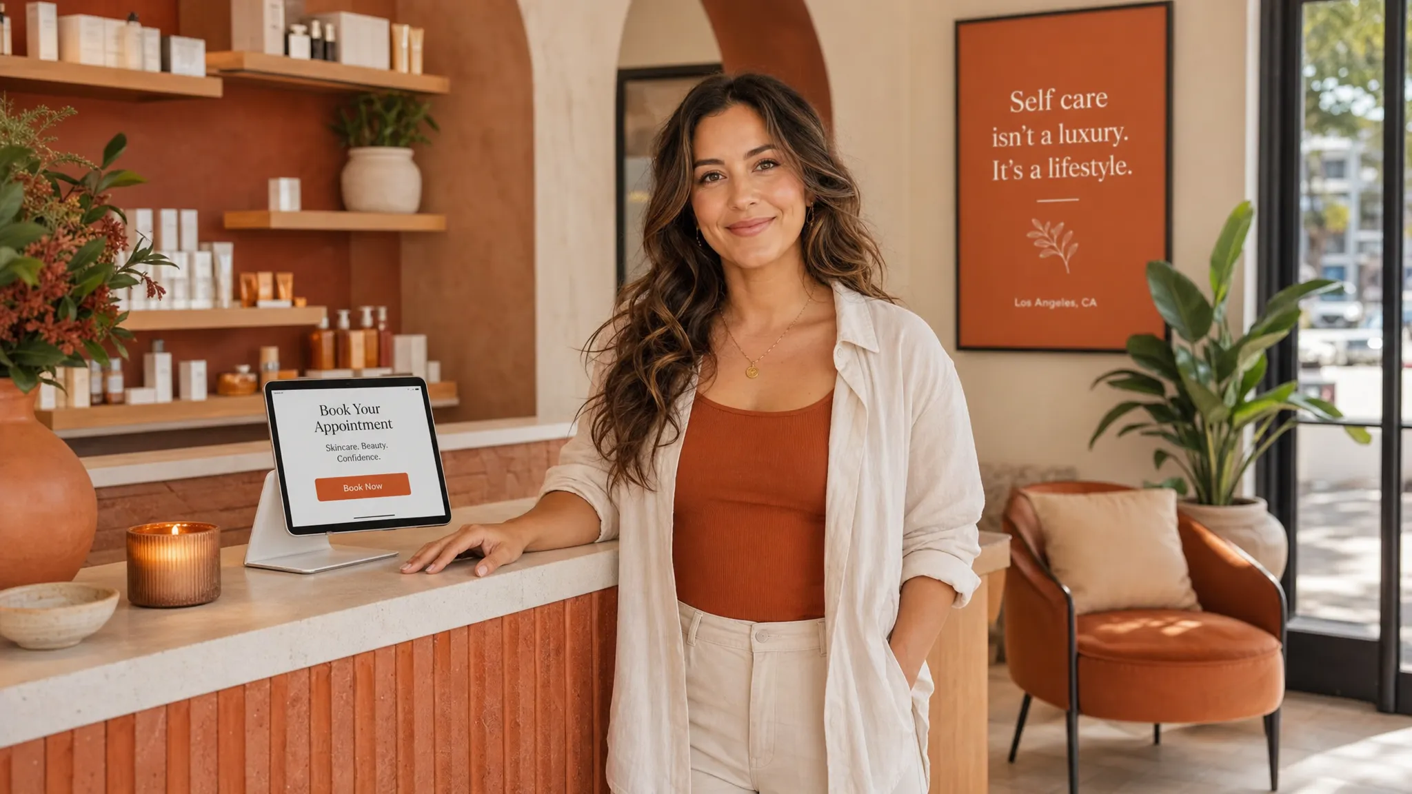 A warm Los Angeles salon or skincare studio reception scene with an adult owner or receptionist standing beside a front counter, one hand resting near a tablet or phone used for bookings, with clean product shelves, a chair, and soft natural light from the side. The setting feels welcoming and local, with terracotta, tan, and cream tones, and the focus is on a simple next step for clients rather than a full tech setup.