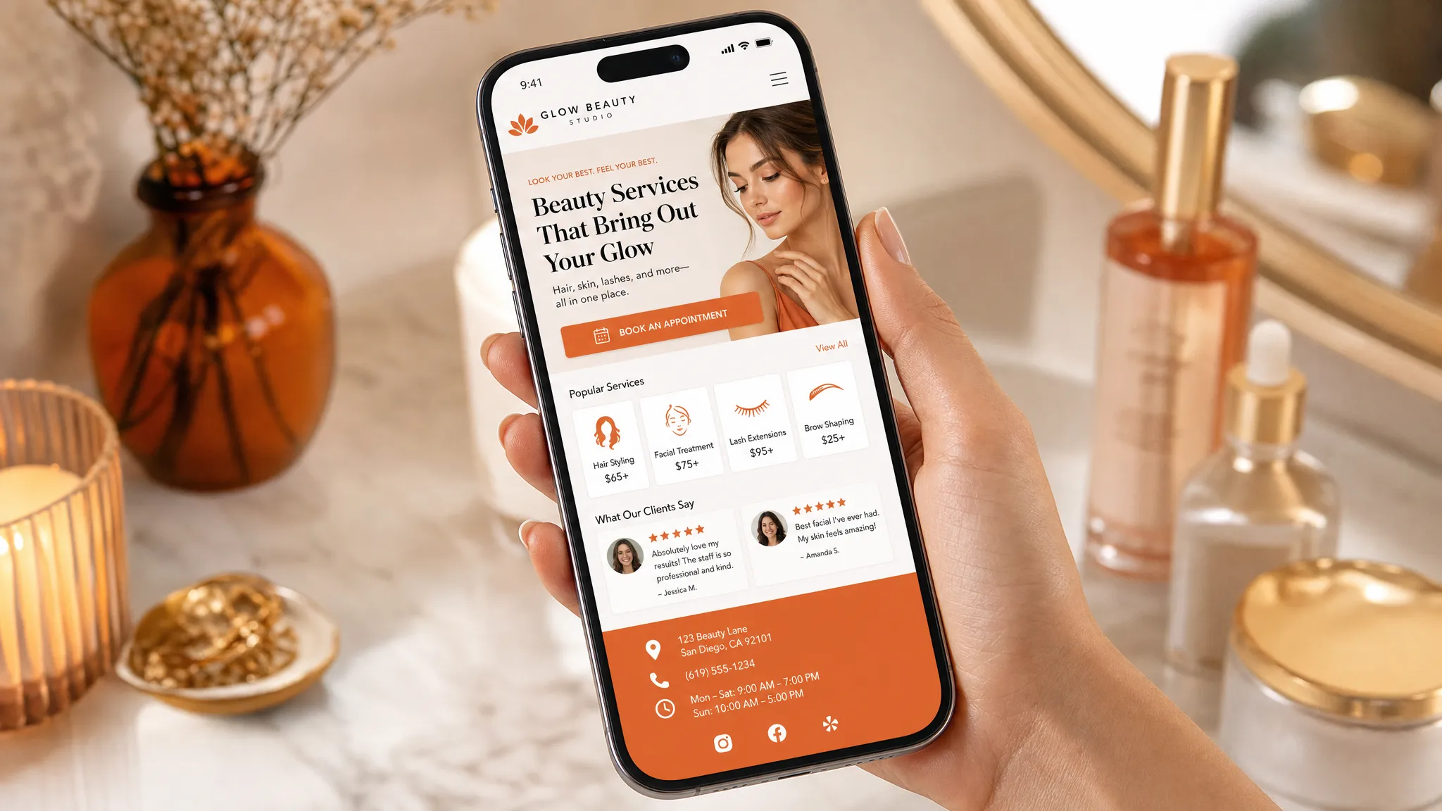 A mobile phone held in one hand showing a booking page for a local beauty studio, with a clear service headline, an appointment button, short service cards, review snippets, and location and contact details near the bottom.