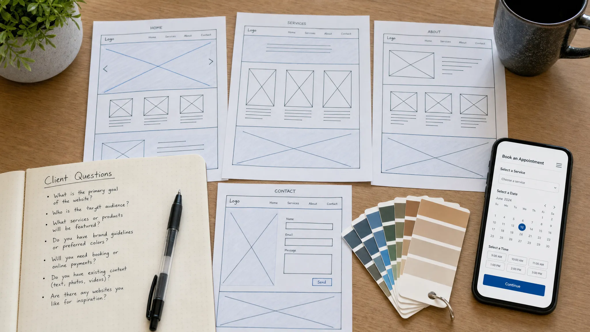 A desk with printed website wireframes, a notebook listing client questions, color swatches, and a phone showing a simple booking page layout.