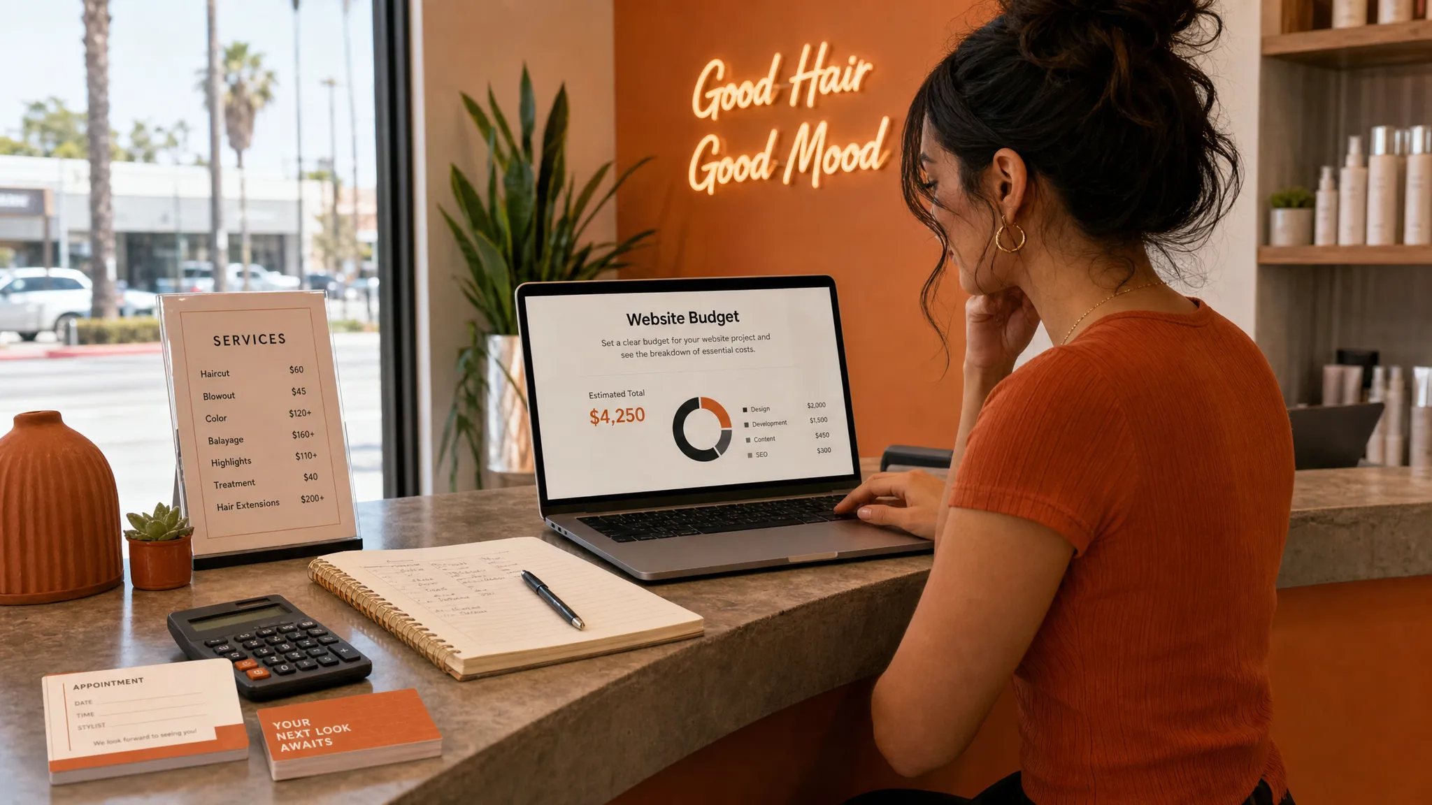 A small Los Angeles salon reception counter with a notebook, calculator, service menu, and appointment cards spread out while the owner reviews a website budget.