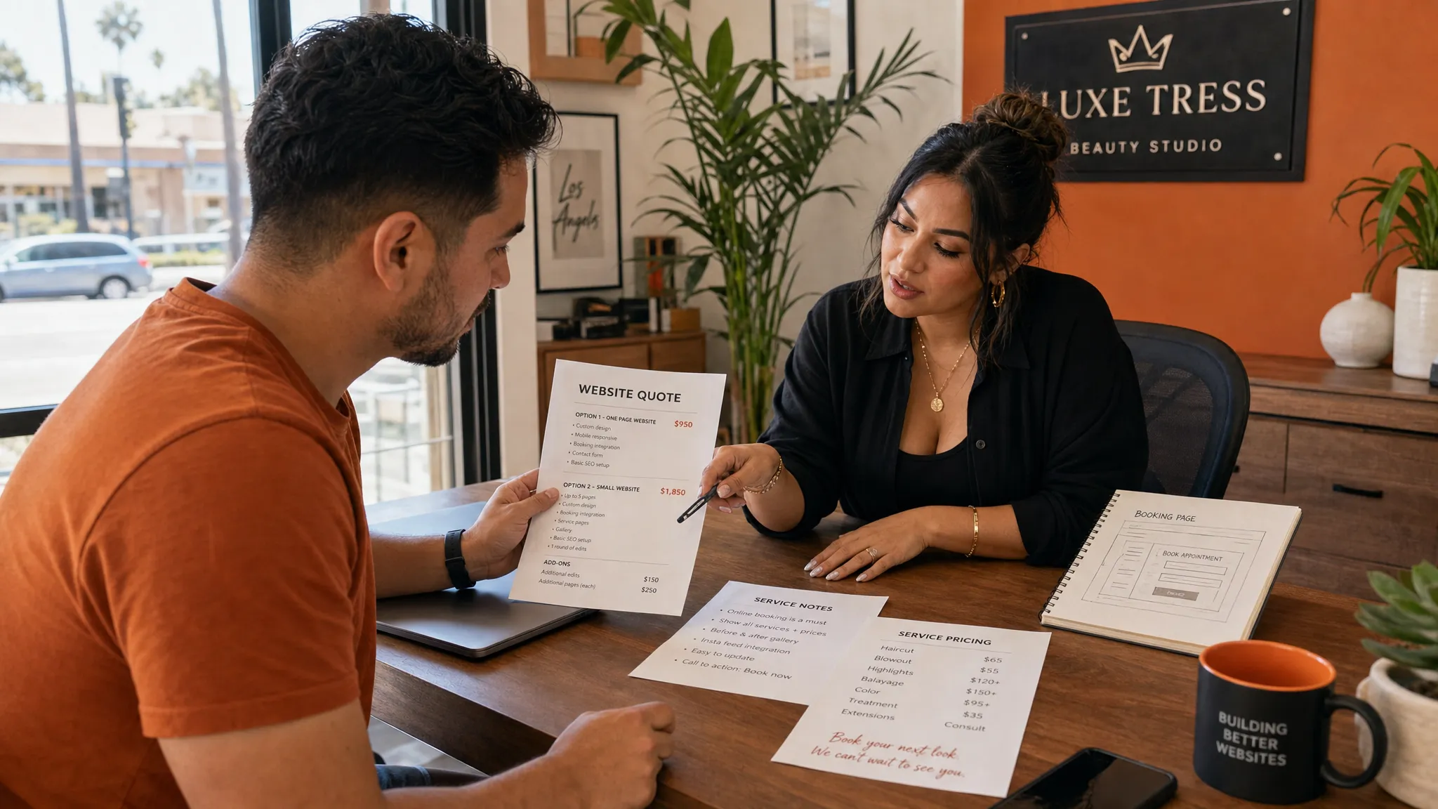 A warm Los Angeles small business office corner with an adult website designer and a salon owner sitting at a table, reviewing printed website quotes, service notes, and a simple pricing sheet spread between them. A phone and notebook rest on the table, and natural light comes through a nearby window. The scene feels candid, local, and practical, showing a real conversation about what a booking page or small site should cost and include.