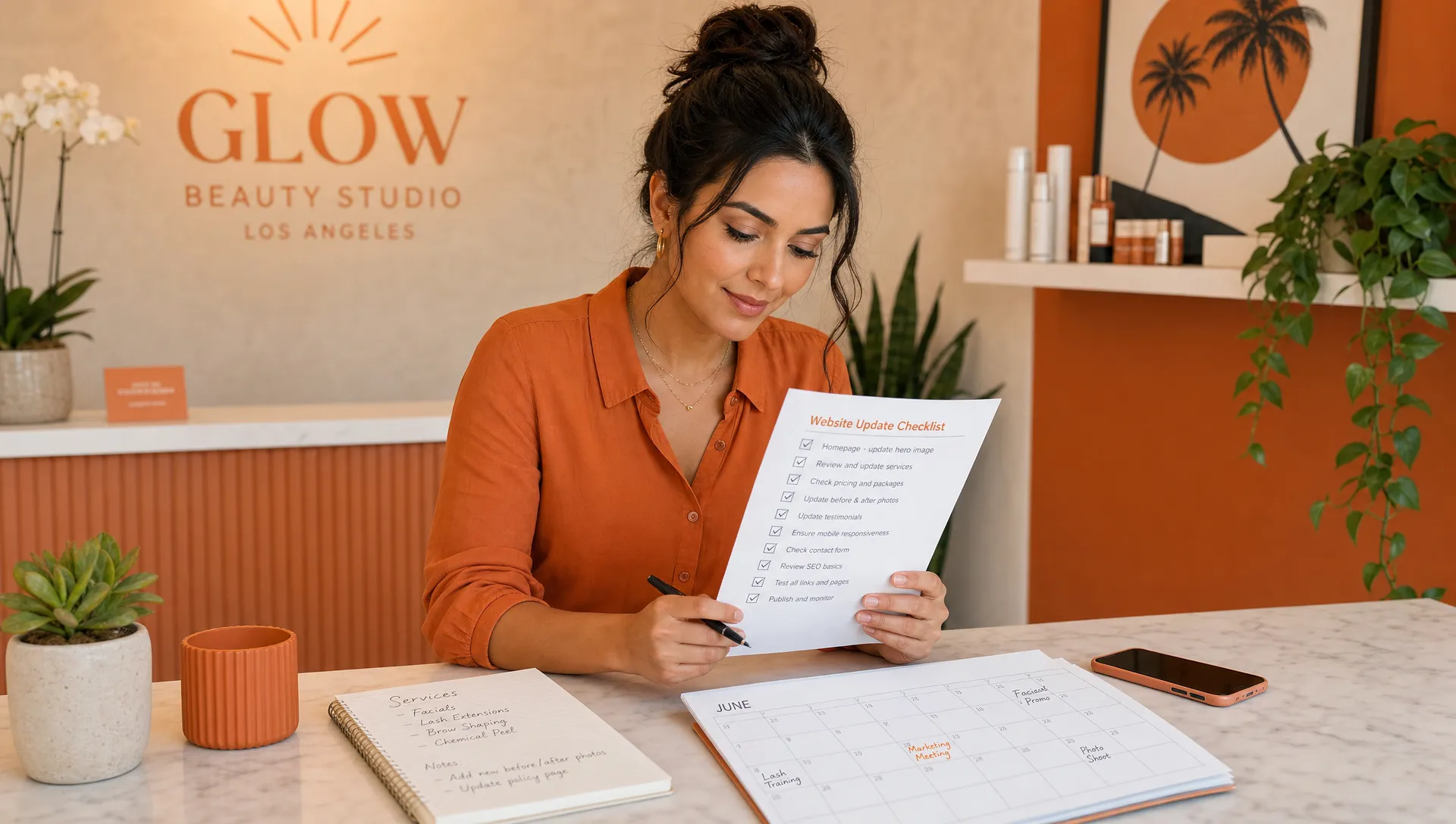 A small Los Angeles beauty studio owner reviewing a simple website update checklist at a counter with service notes, a calendar, and a phone nearby.
