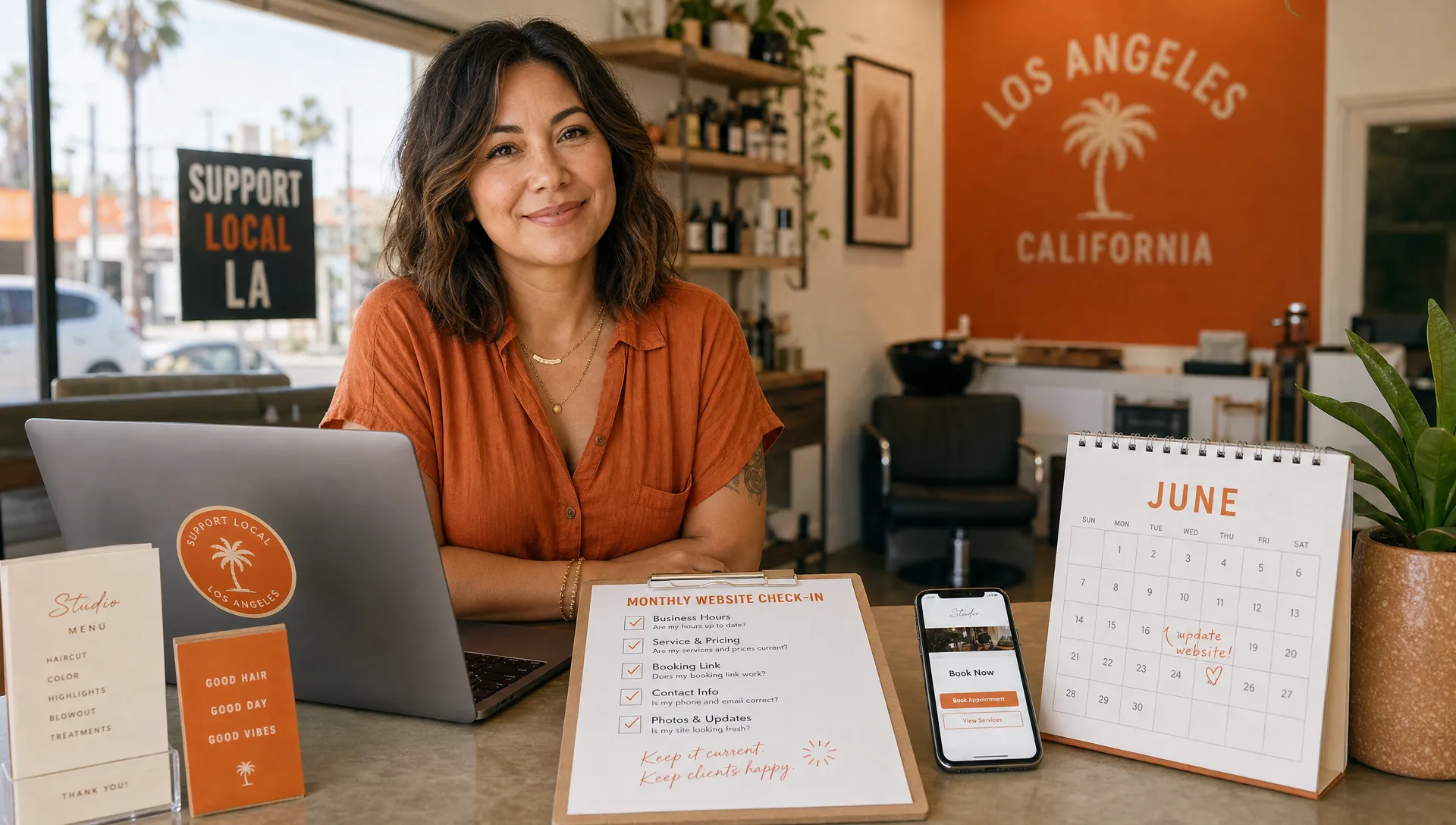 A warm Los Angeles small business interior with an adult salon or studio owner standing at a front counter beside a laptop and a paper monthly website check-in list, with a phone, service menu cards, and a calendar nearby. Natural light comes through a side window, and the background shows shelves, a chair, and everyday business details that feel local and practical. The scene suggests keeping hours, prices, and booking links current without feeling technical.