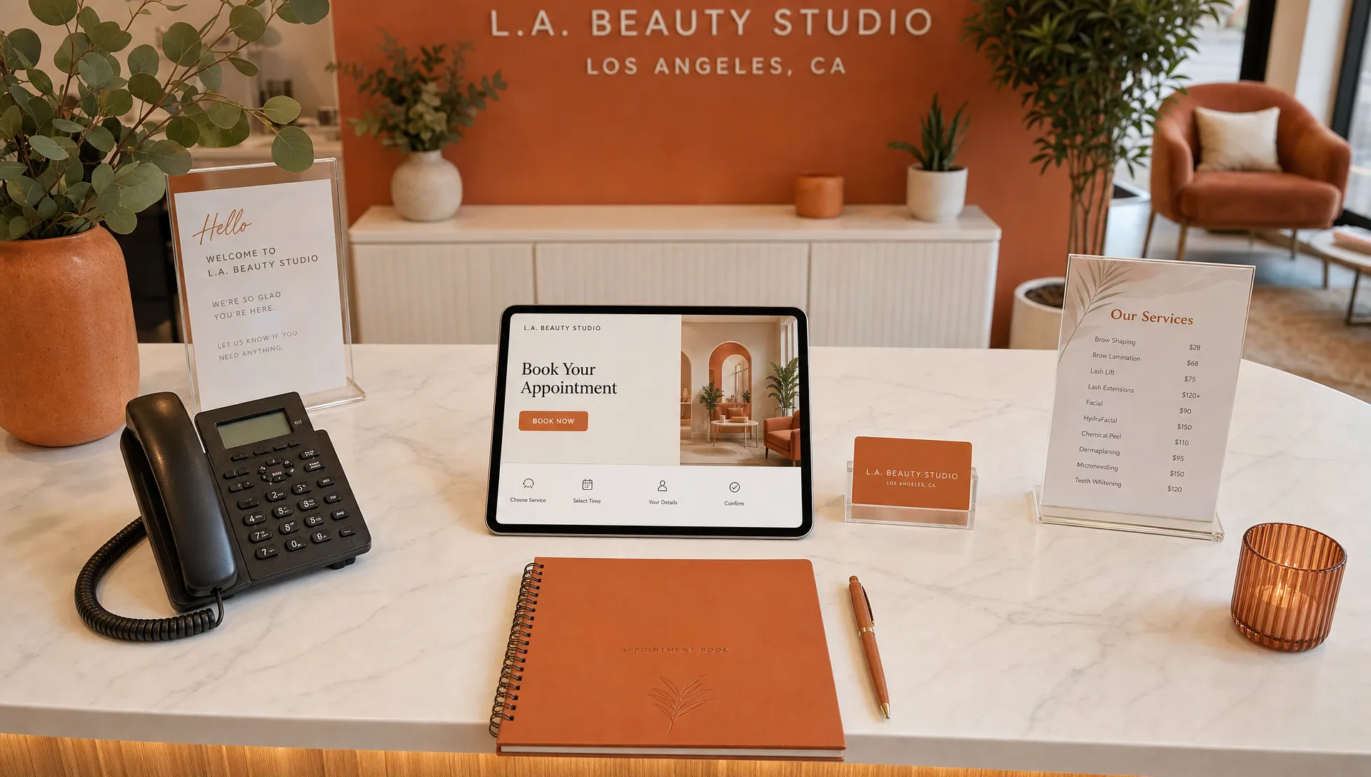 A welcoming Los Angeles beauty studio reception counter with a phone, appointment book, service menu, and a tablet lying flat for bookings, viewed from above with the screen facing the camera.