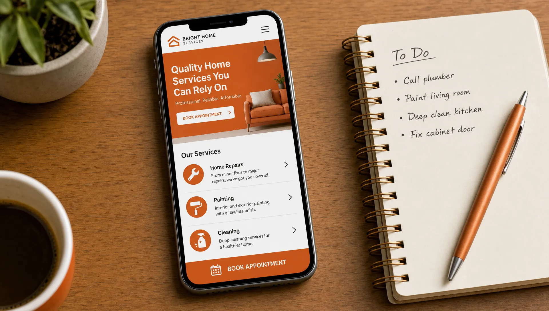 A phone showing a small business website next to a notebook on a table, with short service sections and an easy-to-find booking button.