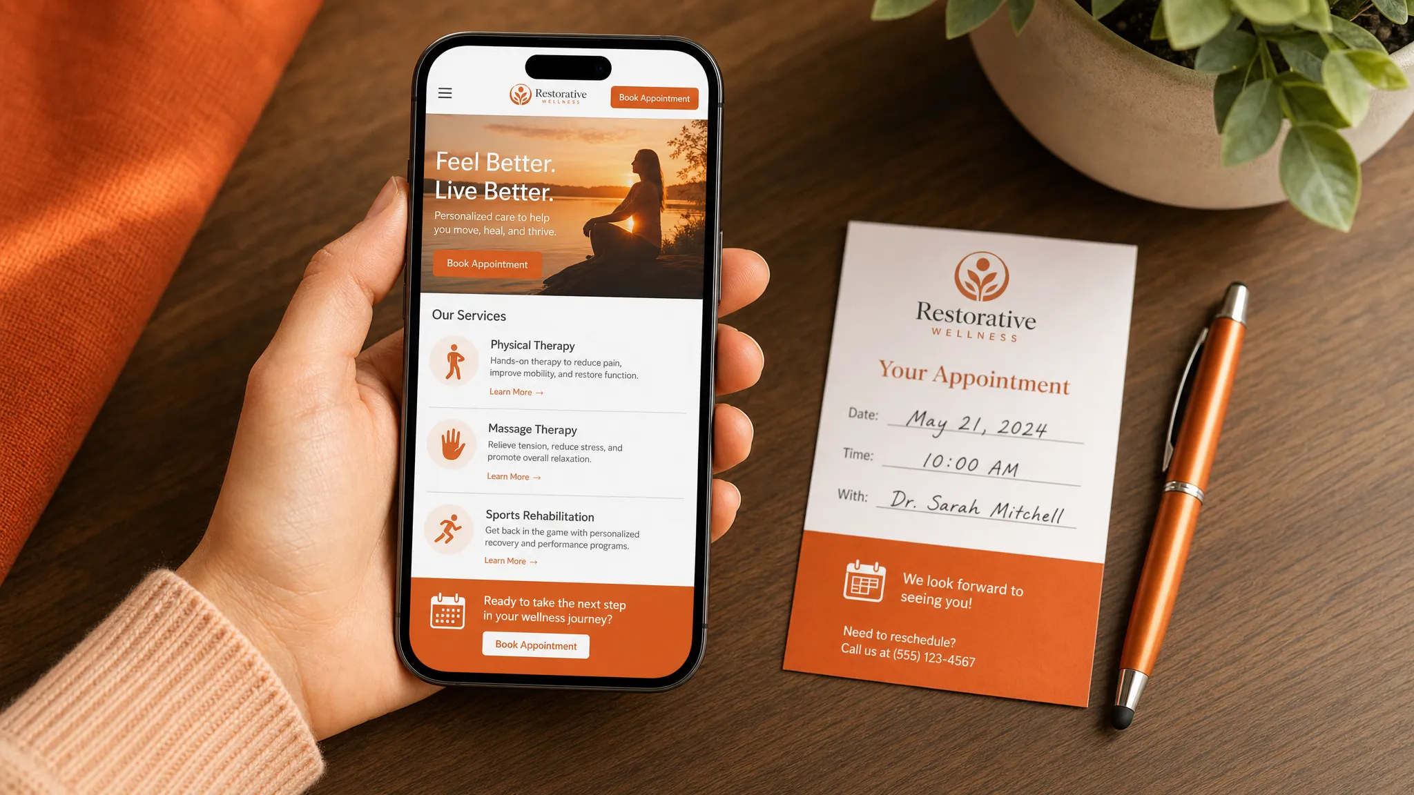 A phone held in one hand showing a service website beside a printed appointment card and a small pen, with clear service sections and an easy-to-find booking button.