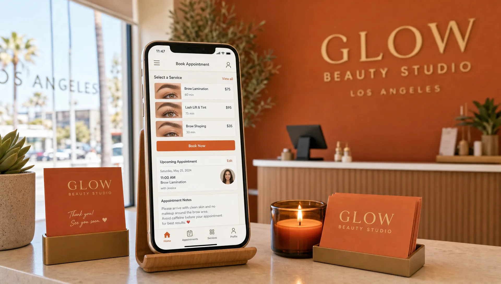 A small Los Angeles beauty studio front desk with a phone facing the camera showing a mobile booking page, service cards, appointment notes, and warm natural light from a side window.