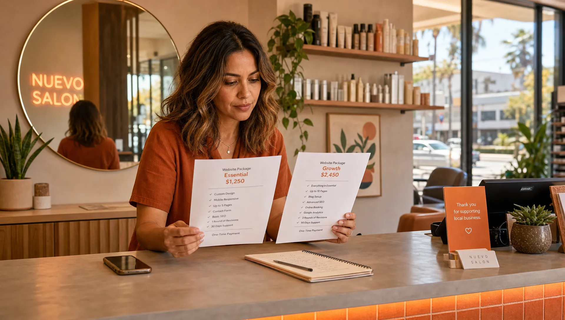 A warm Los Angeles salon reception scene with an adult owner at the front counter comparing two website quote printouts beside a phone and a small notebook, with a mirror, product shelves, and soft daylight in the background. The moment feels candid and local, showing the real decision of what a website should include and how much support the business needs.