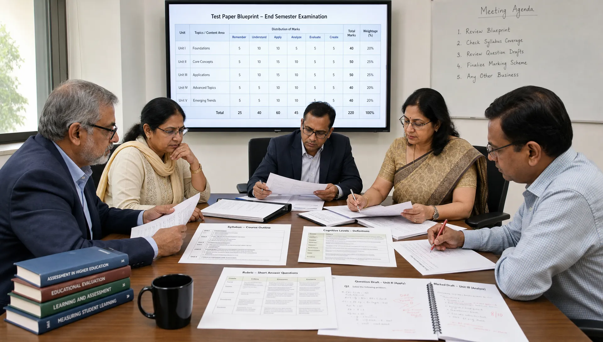 A university examination committee reviews printed test paper blueprints, syllabus notes, rubrics and marked question drafts on a conference table, showing balanced coverage across units and cognitive levels.