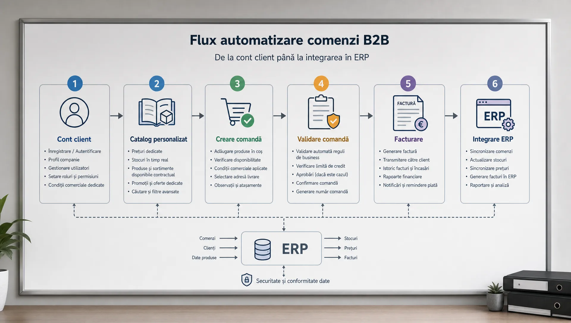 Un flux de automatizare pentru comenzi B2B, văzut ca o schemă clară pe un panou de proces, cu cont client, catalog personalizat, validare comandă, facturare și integrare ERP reprezentate în etape ordonate.