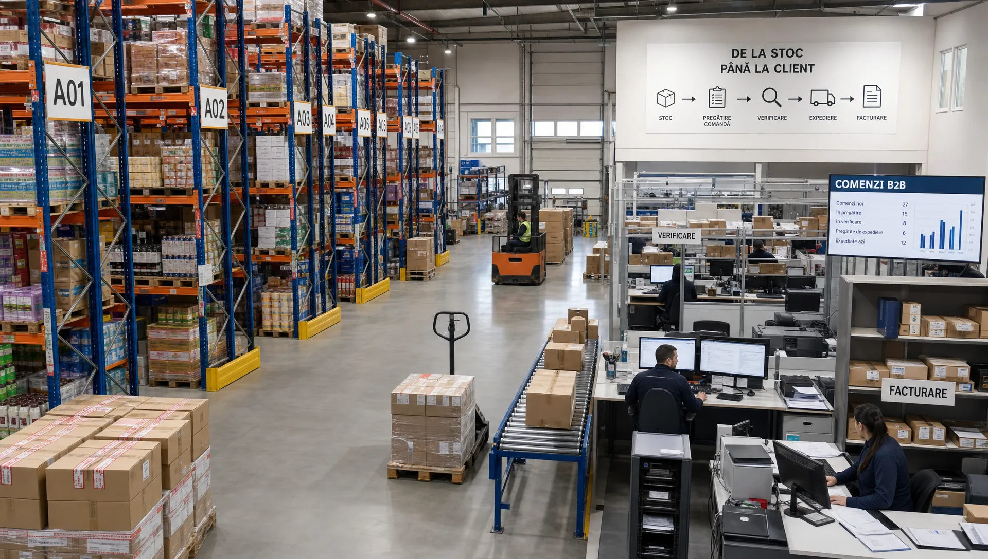 Un depozit en-gros organizat, cu rafturi de produse etichetate, cutii pregătite pentru expediere și o zonă de lucru unde comenzile B2B sunt procesate digital, văzută dintr-un unghi larg care arată și traseul dintre stoc și documente.