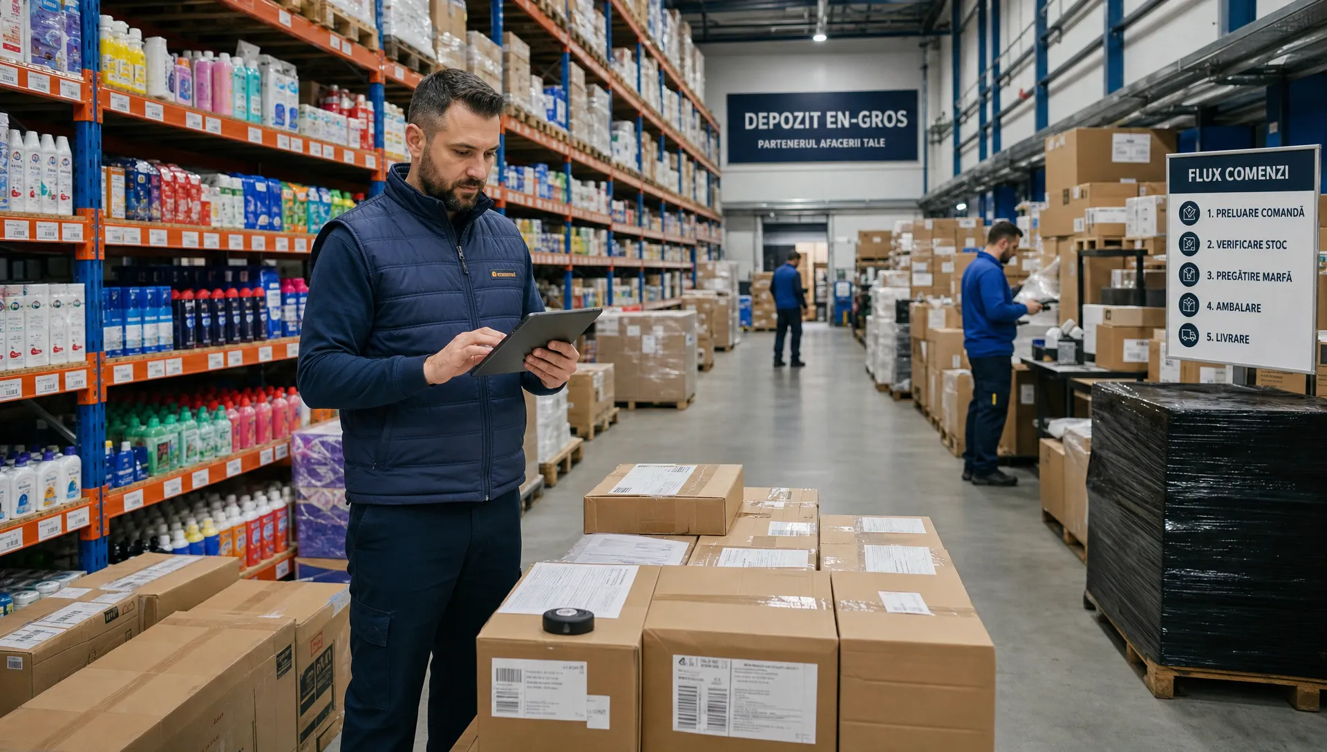 Un depozit en-gros organizat, cu rafturi de produse, colete pregătite pentru livrare și un coordonator care verifică comenzile B2B pe o tabletă, într-un flux operațional eficient.