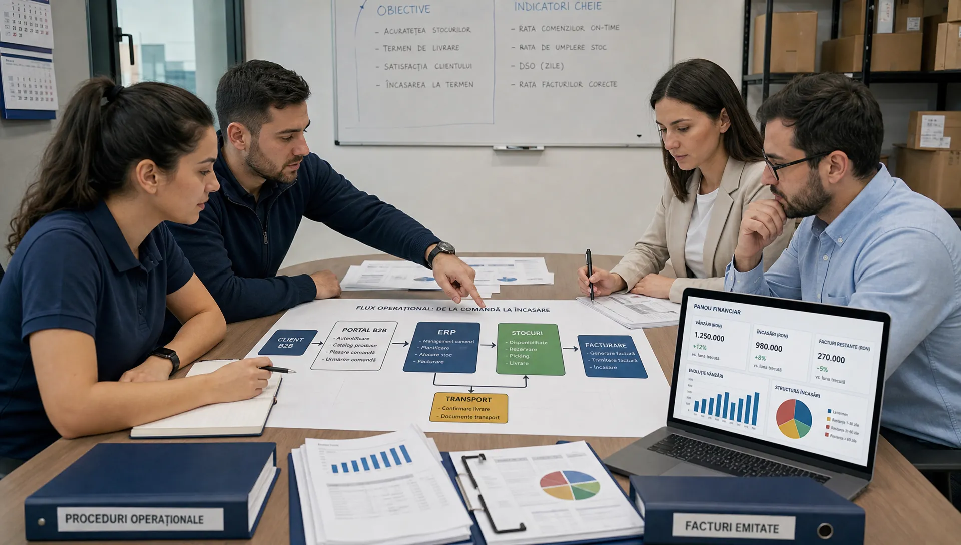 O echipă mixtă de distribuție și financiar analizează pe o masă de briefing fluxul dintre ERP, portalul B2B, stocuri, comenzi și facturare, cu dosare operaționale și un laptop orientat spre cameră.