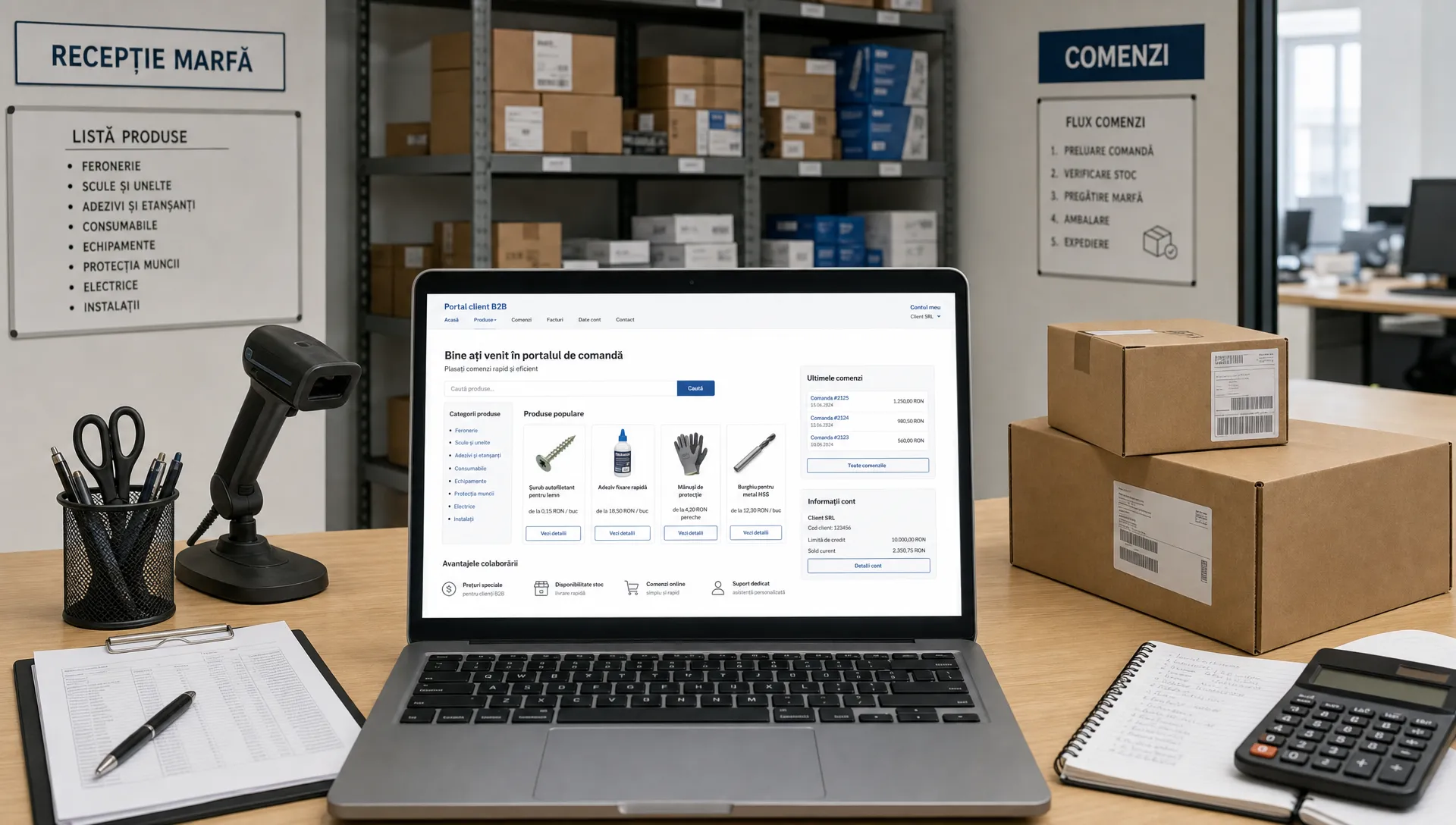 O zonă de recepție și comandă B2B într-un spațiu de lucru organizat, cu cutii pregătite pentru expediere, liste de produse și un laptop orientat spre cameră care afișează un portal de comandă pentru client.