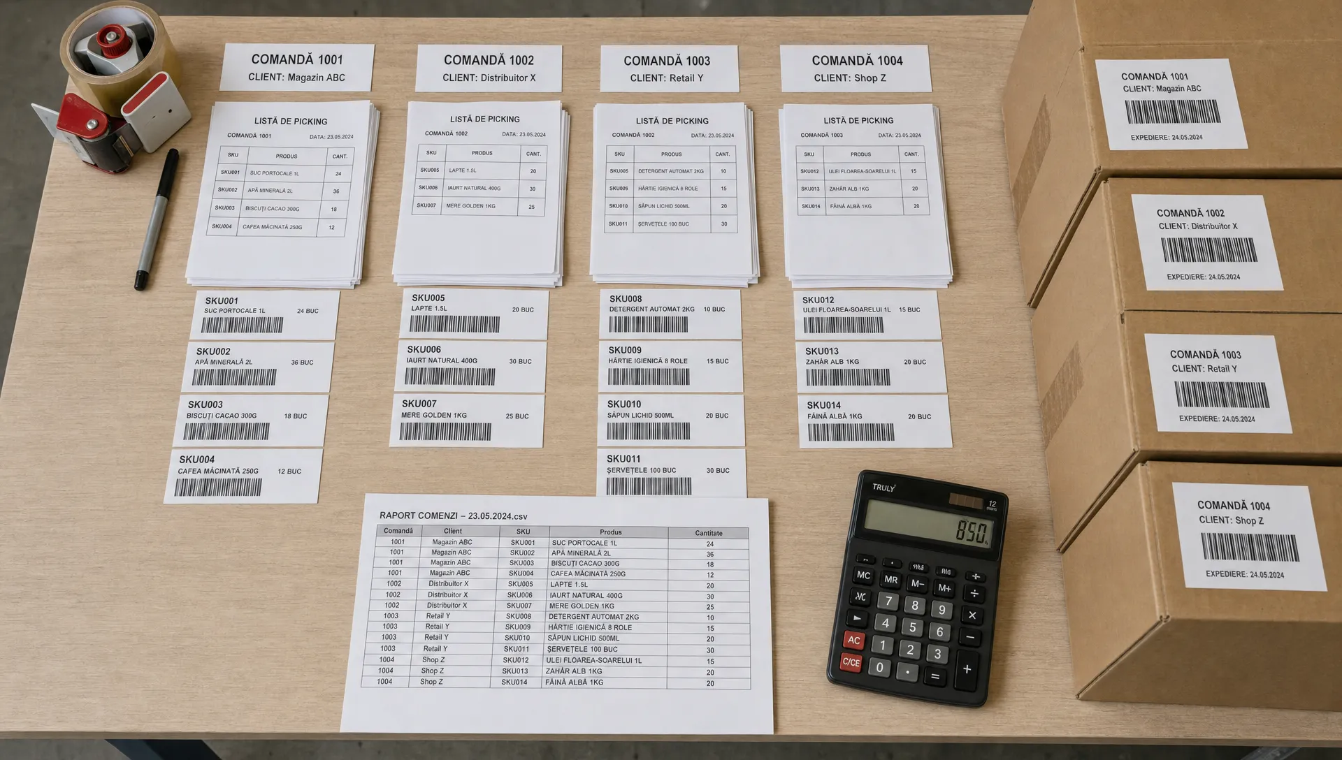O masă de lucru pentru distribuție en-gros văzută de sus, cu foi de comandă organizate în coloane, etichete SKU, cutii ambalate și un raport CSV imprimat lângă un calculator de birou.