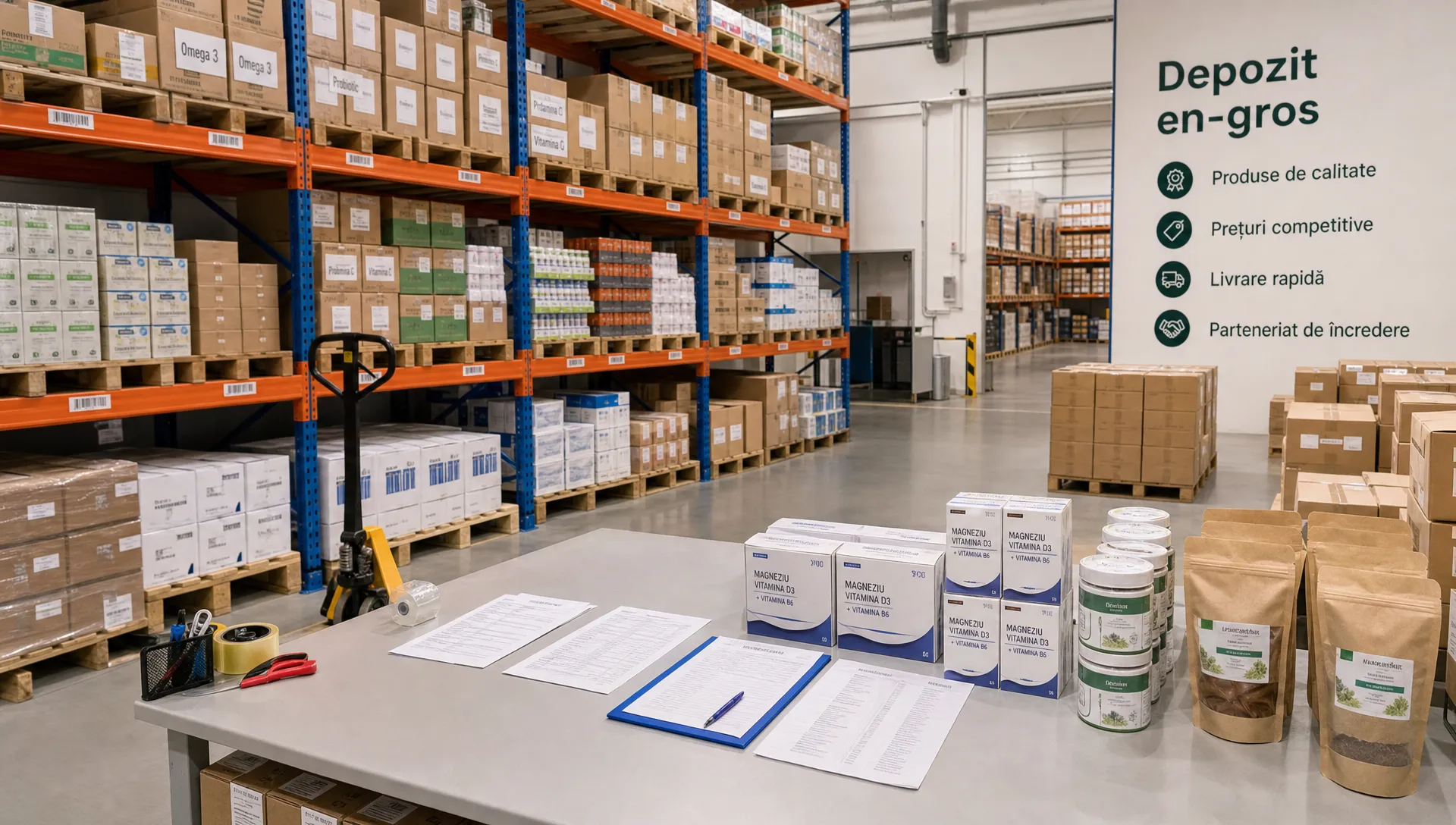 Depozit en-gros văzut larg, cu rafturi organizate, cutii etichetate și o masă de lucru pentru pregătirea comenzilor, unde documentele sunt așezate ordonat lângă produsele gata de livrare.