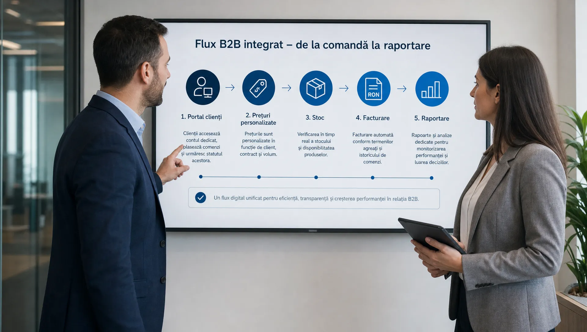 Un manager de vânzări și un coordonator de operațiuni discută în fața unui panou cu etapele unui flux B2B: portal clienți, prețuri personalizate, stoc, facturare și raportare.