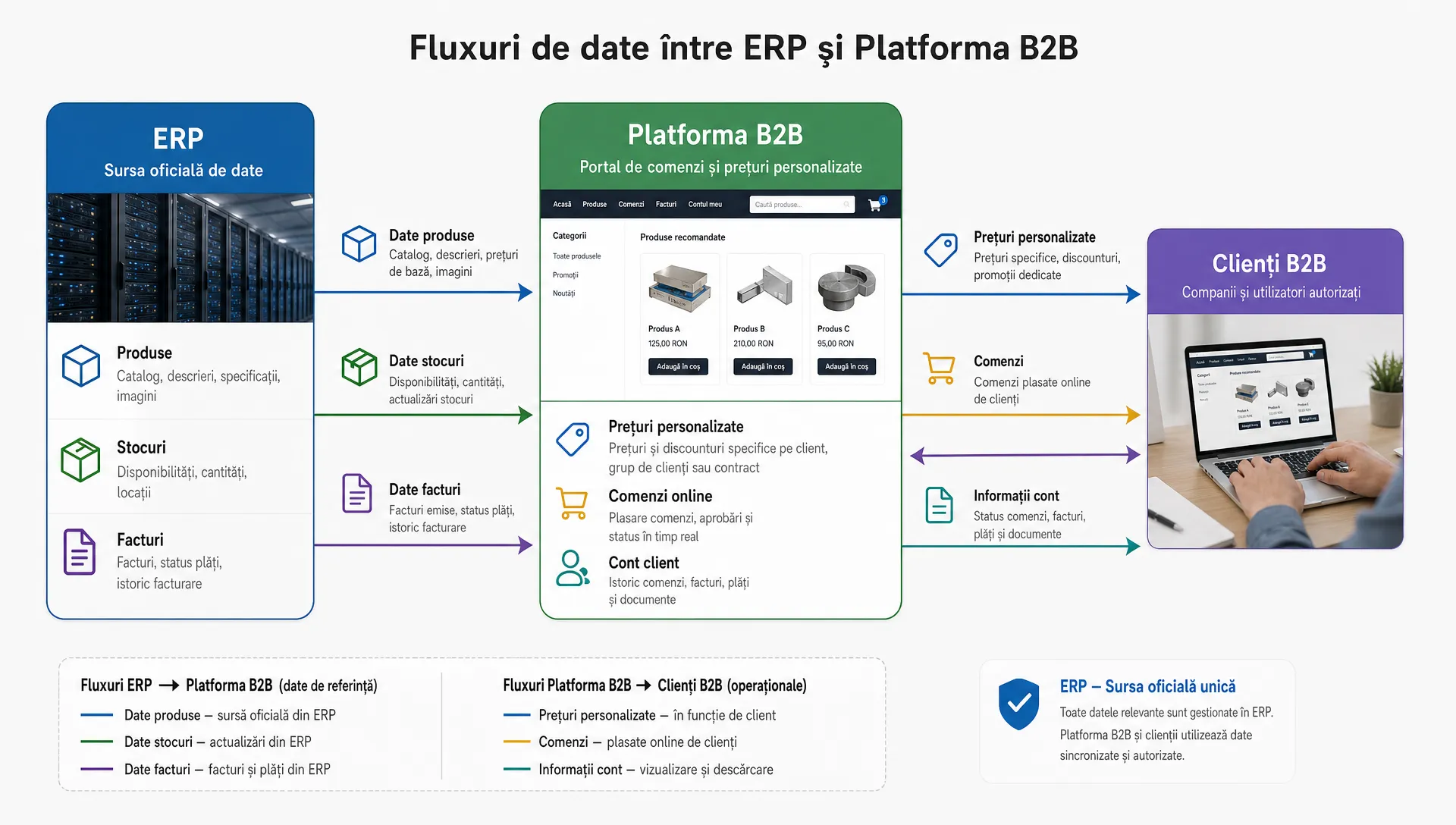 Diagramă clară cu ERP-ul ca sursă oficială pentru produse, stocuri și facturi, iar platforma B2B ca portal de comenzi și prețuri personalizate, cu săgeți separate pentru fiecare flux de date.