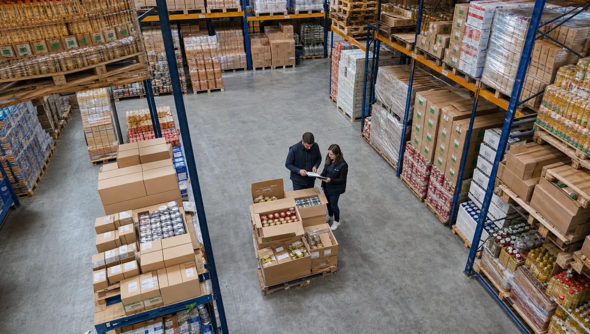 Un depozit en-gros văzut de sus, cu paleți, rafturi pline cu produse și două persoane care verifică o comandă lângă cutii deschise, sugerând un flux B2B organizat între producător, distribuitor și clienți business.