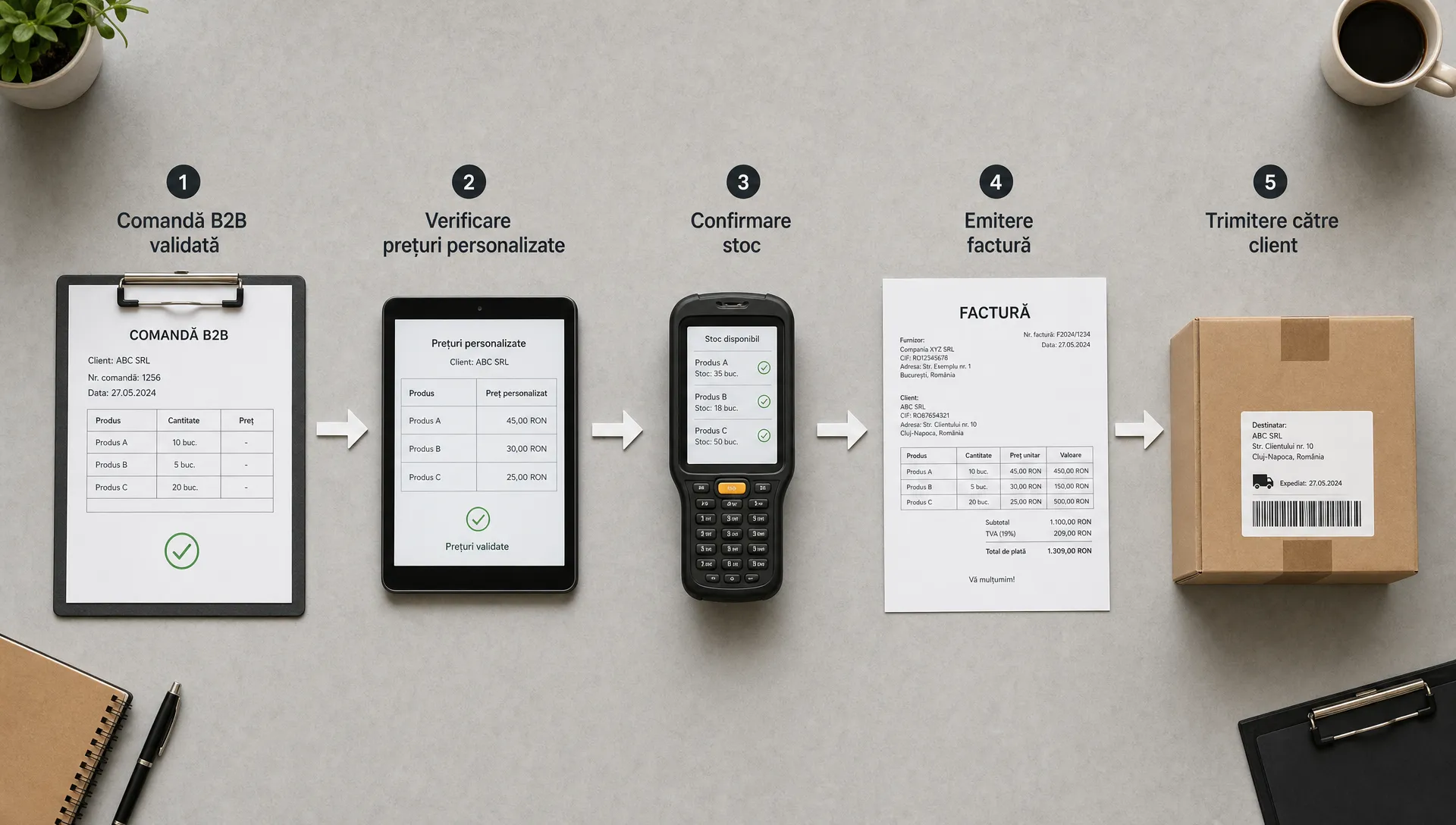 Un flux digital de facturare en-gros, văzut de sus, în care o comandă B2B validată trece prin verificarea prețurilor personalizate, confirmarea stocului, emiterea facturii și trimiterea către client, prezentat ca pași ordonați pe o suprafață neutră.