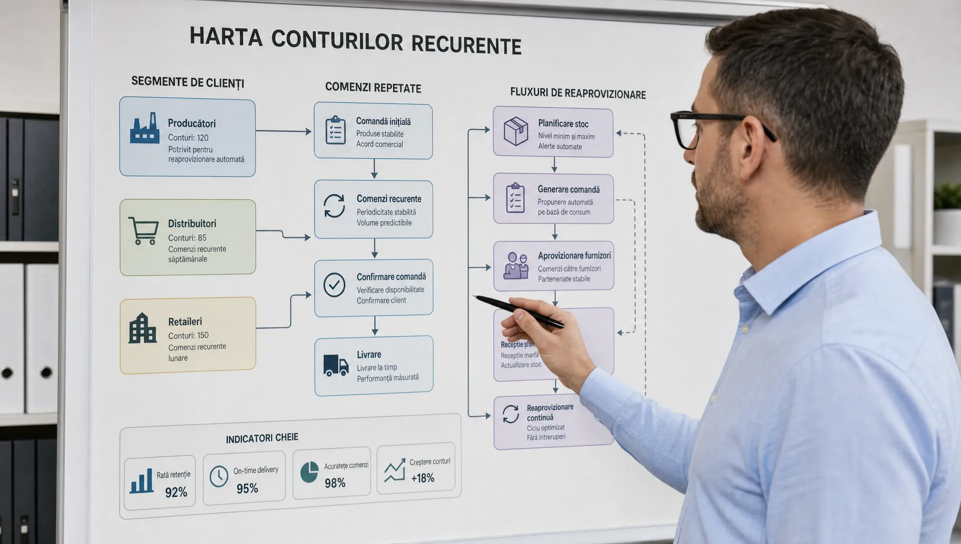 Un manager B2B analizează o hartă simplă a conturilor recurente, cu segmente de clienți, comenzi repetate și fluxuri de reaprovizionare conectate într-un proces comercial clar, pe un panou văzut de aproape, într-un spațiu de lucru organizat.