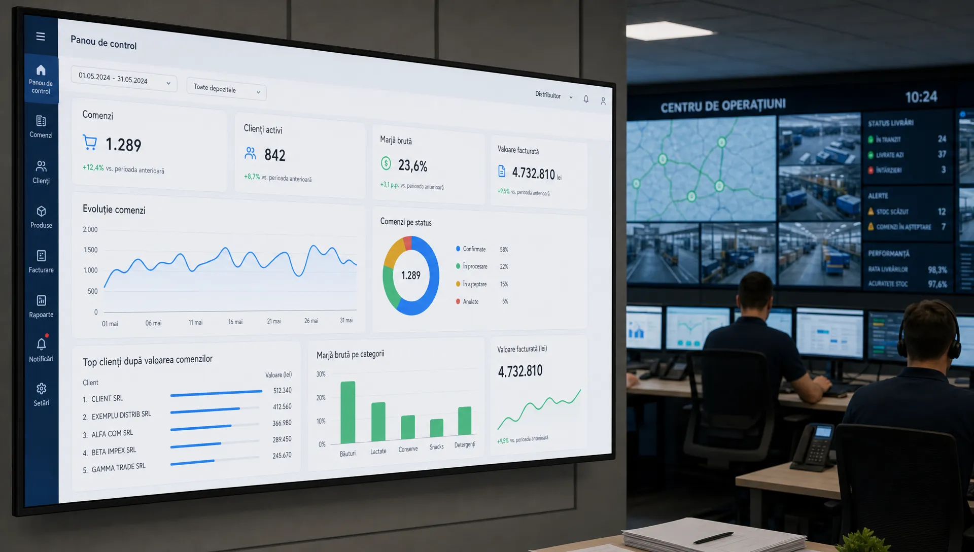Un dashboard B2B pentru distribuitori afișat pe un ecran mare într-o sală de control modernă, cu grafice clare despre comenzi, clienți activi, marjă și facturare, iar în fundal se vede un perete de monitorizare și câteva indicii discrete ale fluxului operațional.