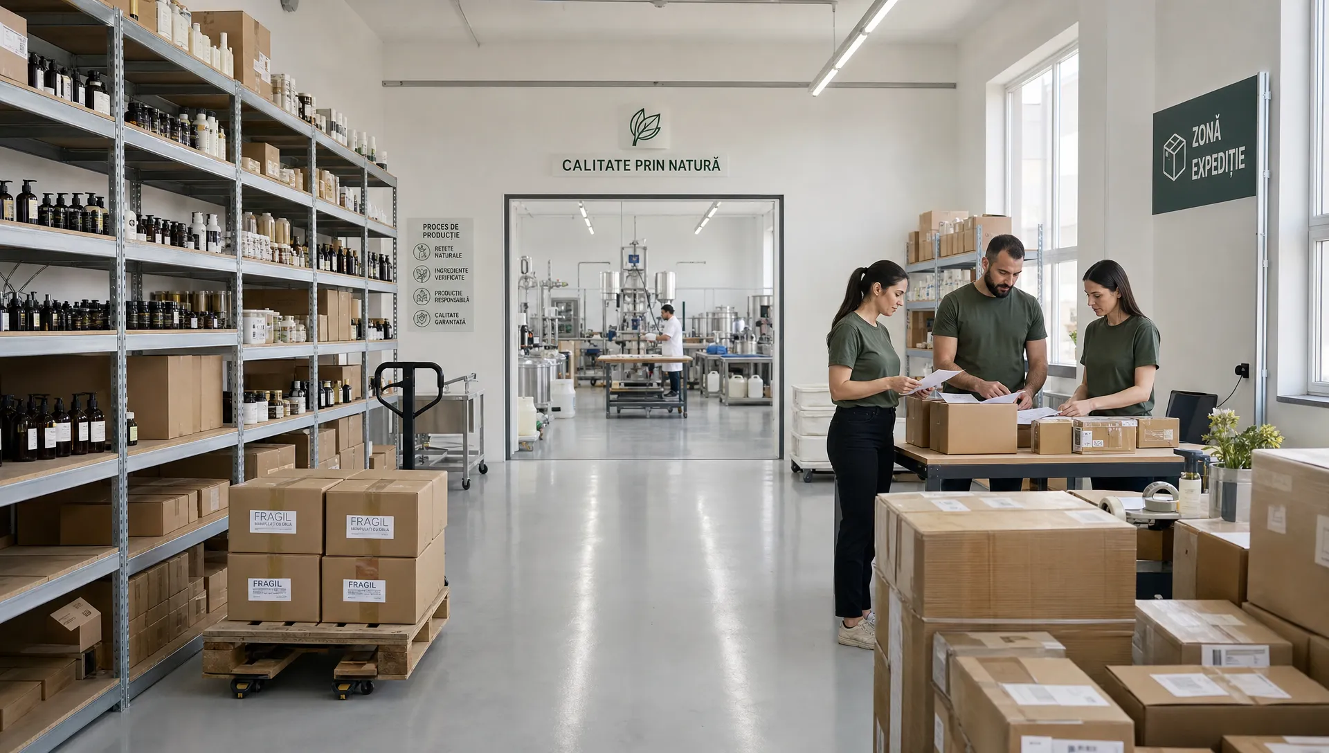 Un spațiu de producție organizat, văzut larg, cu rafturi de produse ambalate, colete pregătite pentru livrare și o echipă care verifică documente de comandă B2B lângă zona de expediție.